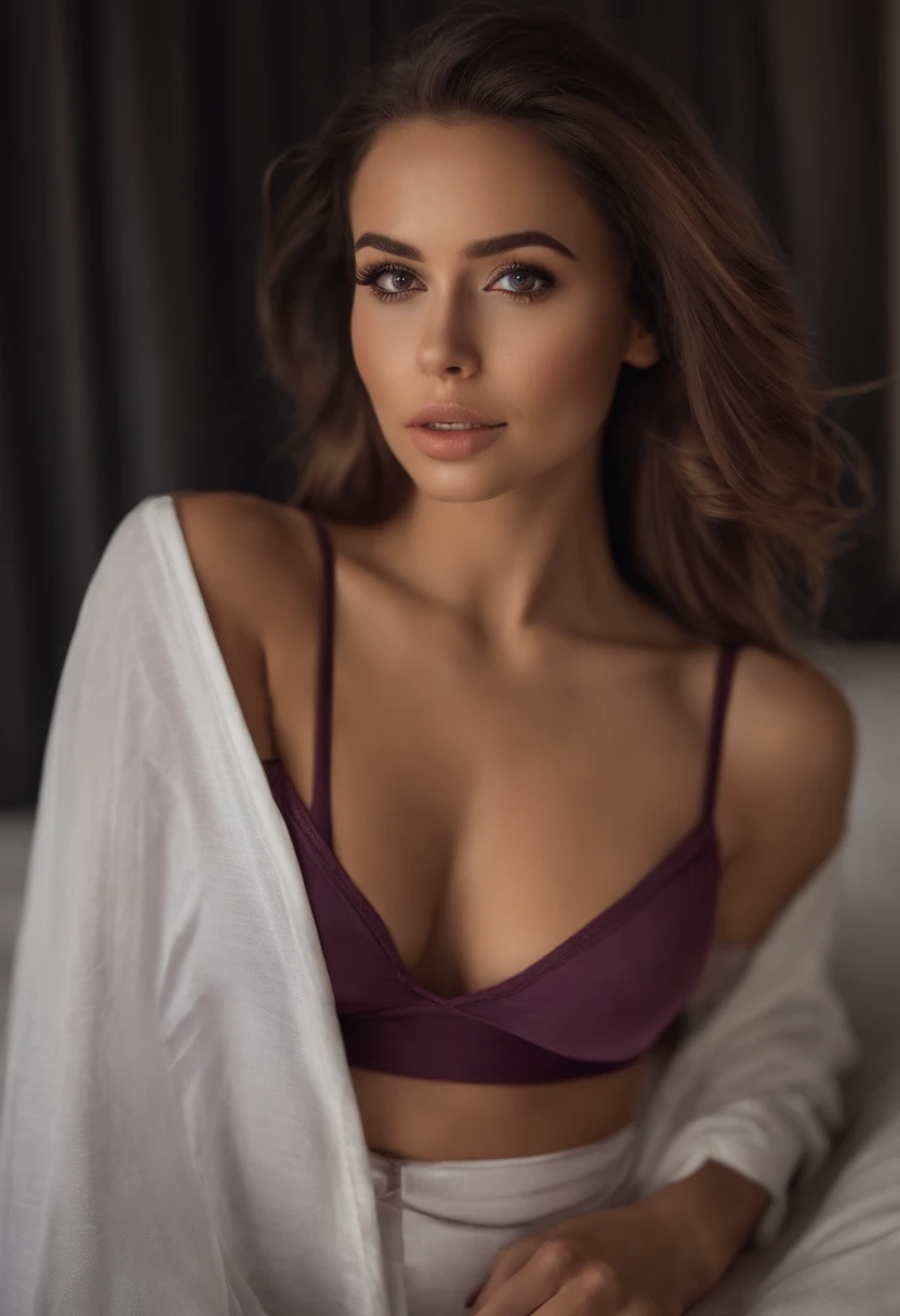 Arafed woman with matching tank top and panties, Sexy girl with brown eyes, portrait sophie mudd, brown hair and big eyes, Selfie einer jungen Frau, Augen im Schlafzimmer, Violet Myers, ohne Make-up, Natural makeup, Blick direkt in die Kamera, Gesicht mit Artgram, dezentes Make-up, Stunning full body shot, im Schlafzimmer, Spaltung