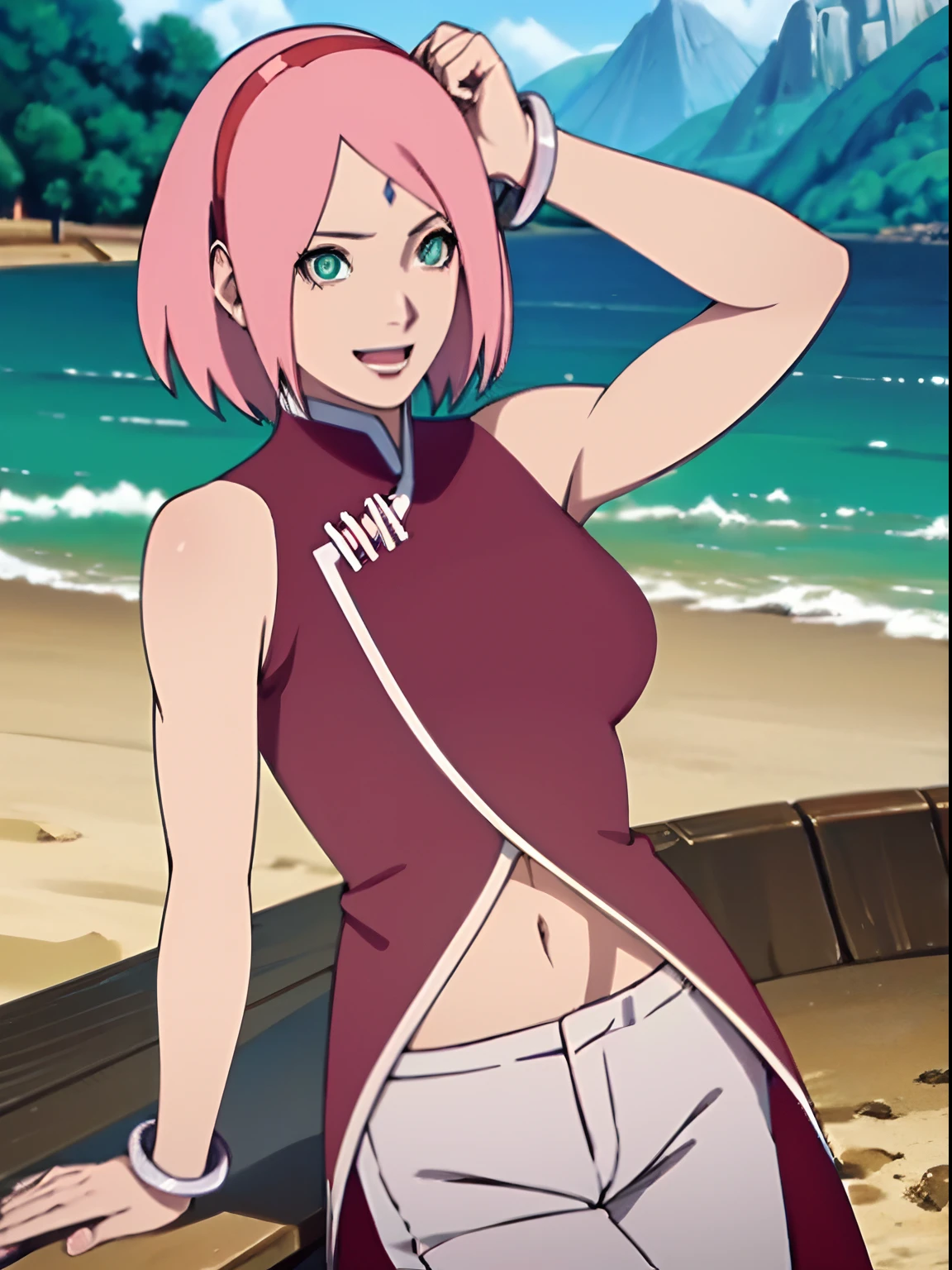 masterpiece, 4k, portrait, cowboy shot, (PLAYGROUND BACKGROUND), professional artwork, intricate details, colorful, digital blending, (ultra detailed body, ultra detail hair, ultra detail face), trending on pixiv, kind smile, best quality, anime style: 1.9, 1girl, hires, haruno sakura, (forehead mark, milf, red hairband, pale skin, (small breasts), short hair, ((red sleeveless dress), white pants), ((navel, belly button), slender body, slender belly, bracelet, pink hair, open mouth, big eyes), smile, beach, wind, floating hair, detailed arms, off-shoulders, broad shoulders, (((both) hands spreading to both sides)), fancy couch, relaxing, laying, talking, looking at the viewer))), (((flexing))), (((ultra detailed arms))))