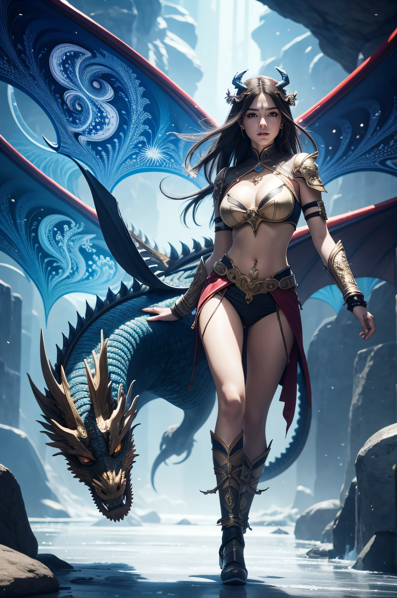 glaring eyes(all: 2), fashion model 22 years old, chest, [[[neck]], [[[[shoulders]]]], all [[feet]] and breasts shod in [[armor]] of [[silver glass]] and [[kristals]], no bra, Girl, beautiful croptop, medium bust:1.8, (narrow waist, slanderous legs), perfect proportions, perky , glaring eyes:1.5 The drawn enchanted fantasy land is frosty, with flying pieces of ice floating in the air and glowing ((energy crystals)). this environment is a magical vortex of thousands of ambient light elements, (light reflections), including the environment ((ice and crystals)) glowing in the air. The girl's armor is made of silver glass, which absorbs the magical energy of the environment and releases it in the form of bright light. In this fantastic area there is a great spirit dragon (length: 35 m) and a thick one surrounding this fantastic masterpiece with all its greatness, illuminated accessories. This fantastic land is inhabited by a large flying serpent dragon with wings surrounding this fantastic masterpiece with all its wonderful accessories. The dragon-beast lies on the ice facing the viewer. The image of this fantasy land is shrouded in powerful, ((glowing light)), ray tracing, [[[reflected light]]], optical illusion, [[[masterpiece]]], textured skin, [[high detail]], best quality, high quality, super detail of dragons, epic fantasy art style, epic digital fantasy art style, beautiful succubus, epic fantasy style, extremely detailed artgerm, [[beautiful elegant demon queen]], (Fantasy 4k art), fantasy 2.5 d cgi anime art, dragon girl, wlop and artgerm, (oli face: 1.3), (((fractal art:1.6))), [[snowflakes:1.8]], [[ray tracing]], [[[[[sparkle]]]], [[[[[[glowing light]]]]], [[optical illusion]], [HD], Depth of field, extremely detailed 64k, fine art, stunning, iridescent, (shiny:1.5), (light reflections:1.5), (crisp:1.7), Fujicolor, cinematic lighting,
