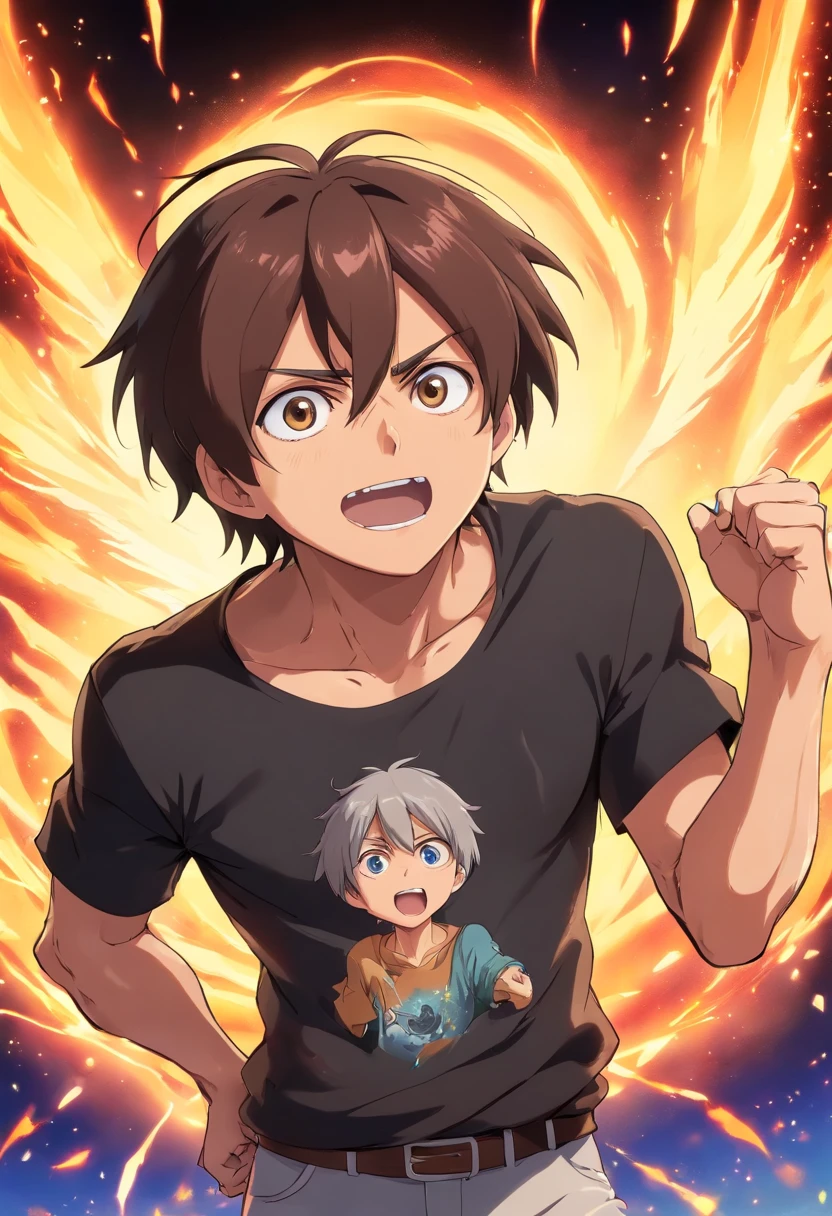 a mature eren yeager wearing an anime ripped shirt,ripped black shirt,glowing cheering background of eren anime world