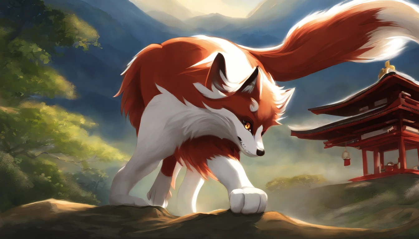 A kitsune named Kiato, is an anthro female kitsune, with dark-red fur, He would be hugging a 10 year old Japanese boy with a Bob haircut called Shizuko, Shizuko would be wearing suspenders, blue shorts, a white woven shirt, Kiato would be hugging Shizuko with love and affection, (Japanese temple)