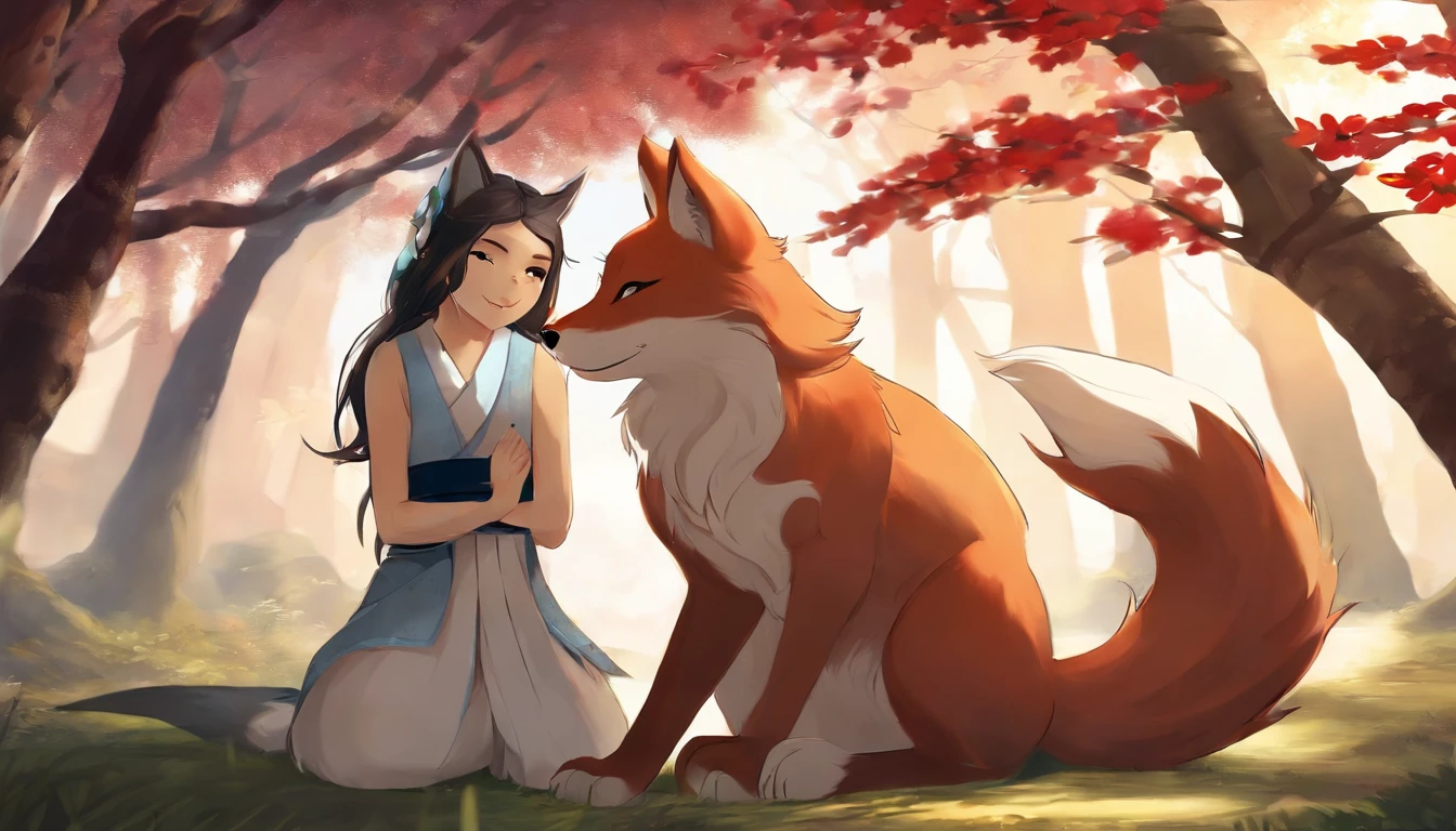 A kitsune named Kiato, is an anthro female kitsune, with dark-red fur, He would be hugging a 10 year old Japanese boy with a Bob haircut called Shizuko, Shizuko would be wearing suspenders, blue shorts, a white woven shirt, Kiato would be hugging Shizuko with love and affection, (Japanese temple)