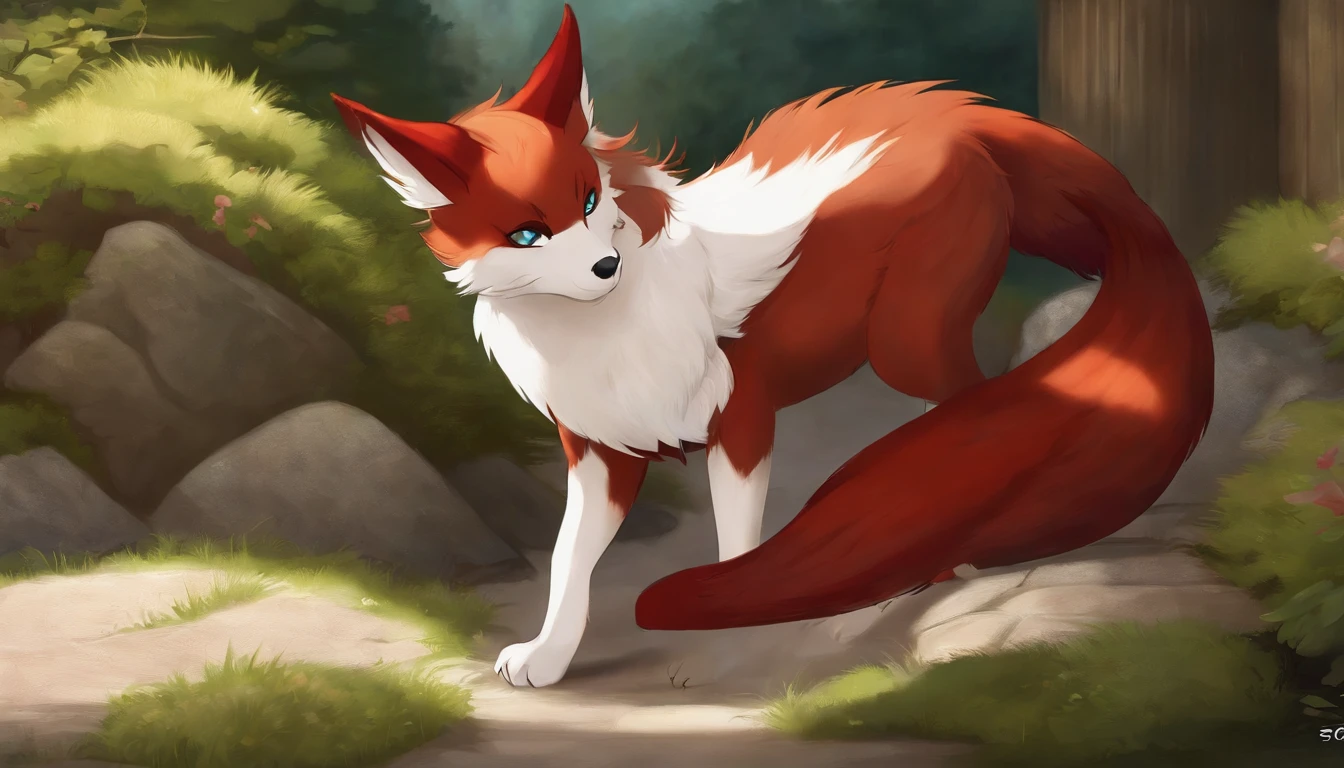 A kitsune named Kiato, is an anthro female kitsune, with dark-red fur, He would be hugging a 10 year old Japanese boy with a Bob haircut called Shizuko, Shizuko would be wearing suspenders, blue shorts, a white woven shirt, Kiato would be hugging Shizuko with love and affection, (Japanese temple)