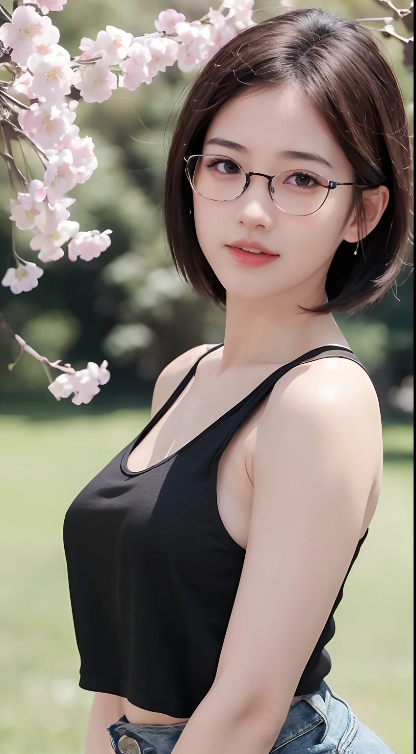 1girl, ((extreme detail)), (ultra-detailed), (best quality, 4k, 8k, highres, masterpiece:1.2), (realistic, photorealistic, photo-realistic:1.37),
(extremely detailed CG unity 8k wallpaper), (an extremely delicate and beautiful),
fine detail, insane details, sharp focus, soft back, soothing tones, hyperdetailed, low contrast, exposure blend, illustration,
beautiful lighting, perfect lightning, precise proportions, (cherry blossom on background), (short-length hair, black hair, partedhair:1.45), (black tank top), (denim shorts), (wearing glasses), smile,