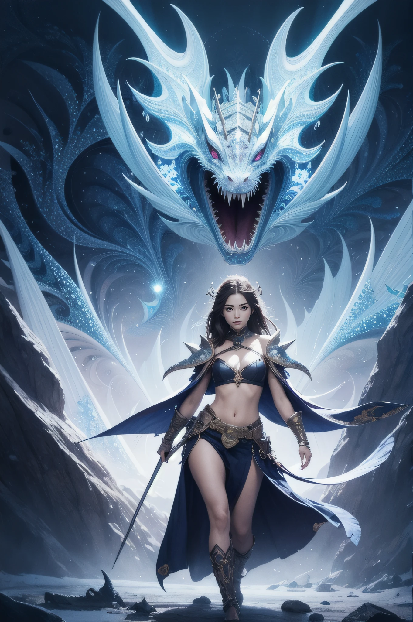 glaring eyes(all: 2), fashion model 22 years old, chest, [[[neck]], [[[[shoulders]]]], all feet and breasts shod in armor of silver glass and ice, Girl, beautiful crop top, medium bust:1.8, (narrow waist, slanderous legs), perfect proportions, perky , glaring eyes:1.5 The drawn enchanted fantasy land is frosty, with flying pieces of ice floating in the air and glowing ((energy crystals)). this environment is a magical vortex of thousands of ambient light elements, (light reflections), including the environment ((ice and crystals)) glowing in the air. The girl's armor is made of silver glass, which absorbs the magical energy of the environment and releases it in the form of bright light. In this fantastic area there is a great spirit dragon (length: 55 m) and a thick one surrounding this fantastic masterpiece with all its greatness, illuminated accessories. This fantastic land is inhabited by a large flying serpent dragon with wings surrounding this fantastic masterpiece with all its wonderful accessories. The dragon-beast lies on the ice facing the viewer. The image of this fantasy land is shrouded in powerful, ((glowing light)), ray tracing, [[[reflected light]]], optical illusion, [[[masterpiece]]], textured skin, [[high detail]], best quality, high quality, super detail of dragons, epic fantasy art style, epic digital fantasy art style, beautiful succubus, epic fantasy style, extremely detailed artgerm, [[beautiful elegant demon queen]], (Fantasy 4k art), fantasy 2.5 d cgi anime art, dragon girl, wlop and artgerm, (oli face: 1.3), (((fractal art:1.6))), [[snowflakes:1.8]], [[ray tracing]], [[[[[sparkle]]]], [[[[[[glowing light]]]]], [[optical illusion]], [HD], Depth of field, extremely detailed 64k, fine art, stunning, iridescent, (shiny:1.5), (light reflections:1.5), (crisp:1.7), Fujicolor, cinematic lighting,