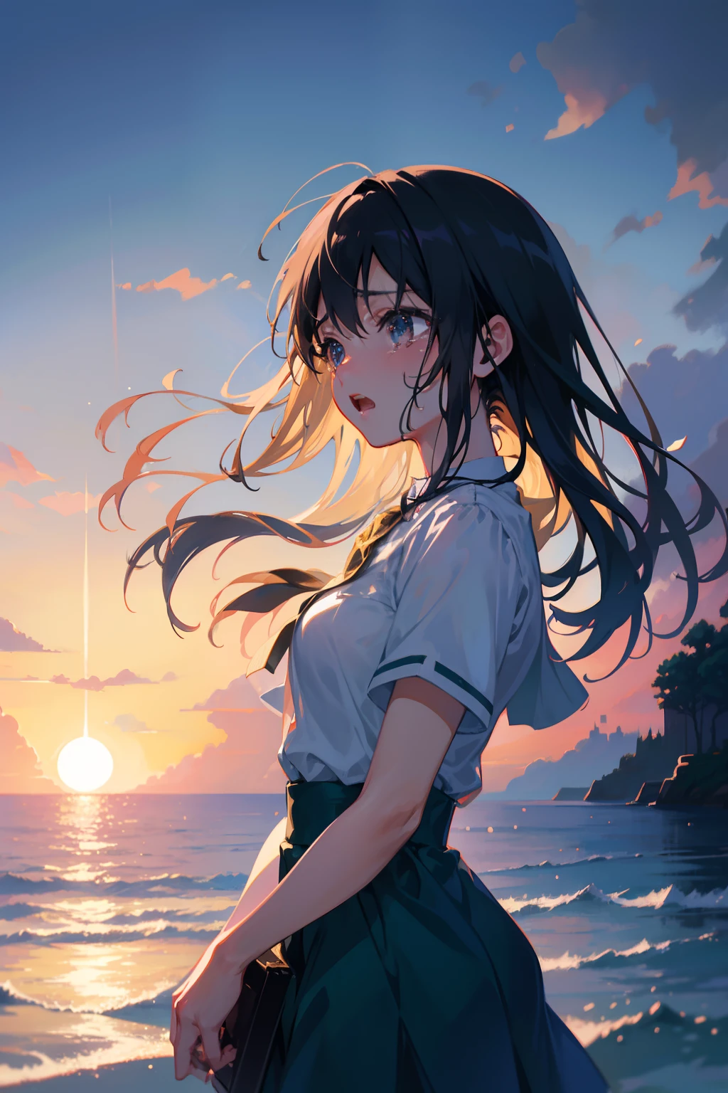 Anime girl standing on the beach looking at the sunset - SeaArt AI