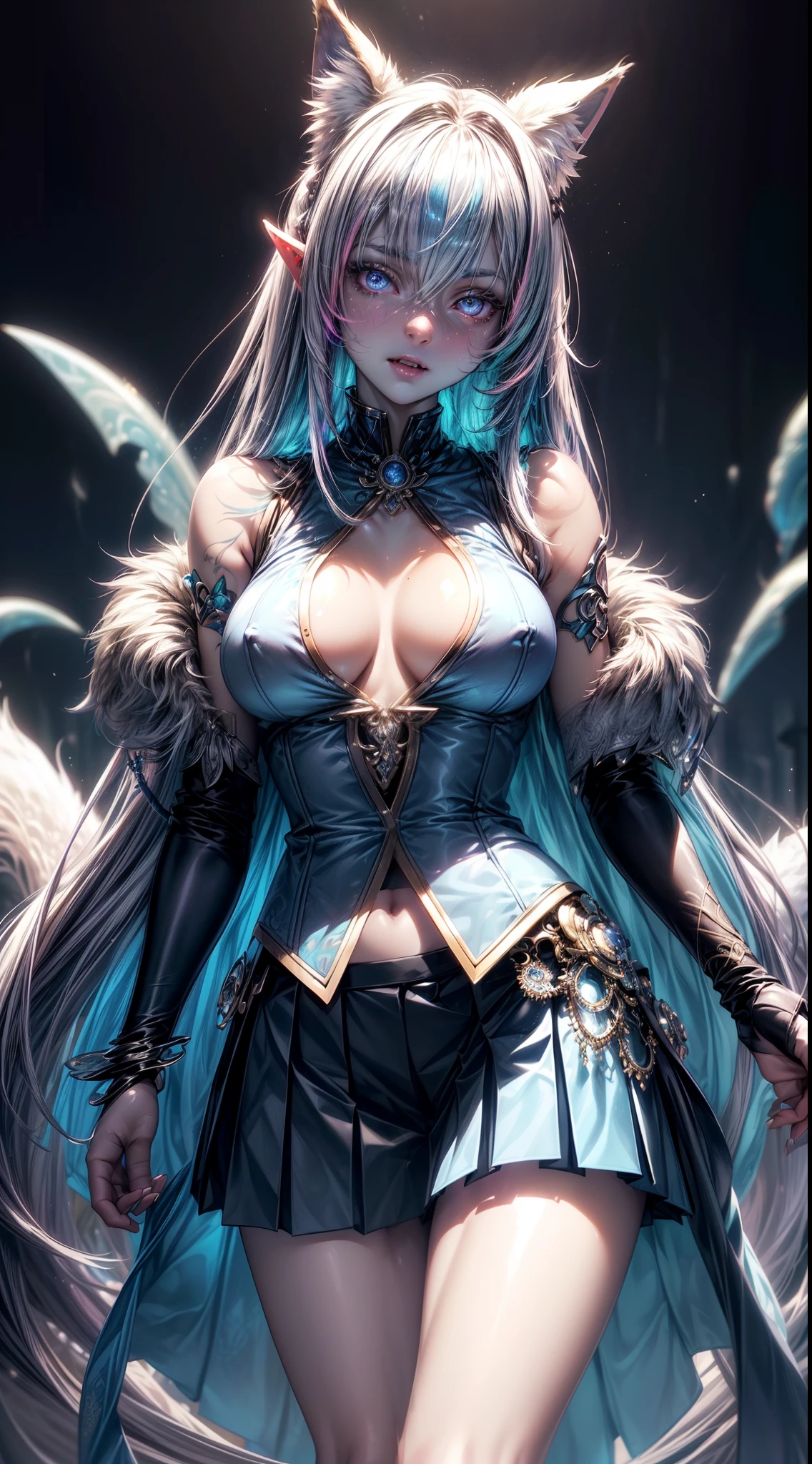 spiritual blue fire fox girl, (fox ears, fox tail), (spirit, spiritual:1.4), (blue fire:1.5), 1girl, perfect and well designed glowing shiny eyes, (beautiful detailed eyes:1.05), natural breasts, slim body, beautiful and delicate cute face, (face detail), ((realistic face)), pores, ((pale grey skin)), detailed skin, realistic skin, (((bioluminescence))), ((shiny skin)), ((glowing speckles on skin)), (fangs:1.5), (multicolored gradation skin), (monster girl), (fur body:1.4), human face, medium length hair, hair voluminous, (((((multicolored gradation hair))))), super high resolution, 8k, parameters Best quality, (masterpiece:1.4), (magic accessories:1.4), bracelets, extremely detailed thick tight ({nylon|lycra}:1.5) pastel bright ((dark blue, (blue:0.4), silver:1.3), (pink, purple:0.75)) ornate ((shirt with stand-up collar:1.25), (vest:1.5), (skirt, pleated skirt:1.35)), (tight clothes:1.4), (standing nipples under cloth:1.2), (cameltoe:1.2), (ornaments on clothing:1.5), (neckline:1.3), (cleavage:1.2), decolette, navel, Young Girl, Little Beast, (Smile:0.7), (pale Skin:1.4), ((tattoos all over body, Tribal tattoos all over legs)), ultra detailed, photorealistic, ((Real image)), (best quality:1.4), super high resolution, (Realistic 2.0), More details, (((1girl))), futuristic, {fantasy|cyberpunk}, technologies, (beautiful and aesthetic:1.2), (fractal art:1.4), (cinematic light:1.1), DUTCH ANGLE, 16K, HDR, RTX, Ray Tracing, Radiosity, Anisotropic Filtering, Subsurface Scattering, (((magic lights))), metallic reflections, Detailed, Realistic, 4k highly detailed digital art, (cool_color), extremely detailed CG unity 8k wallpaper, vibrant colors, (((seductive pose)))