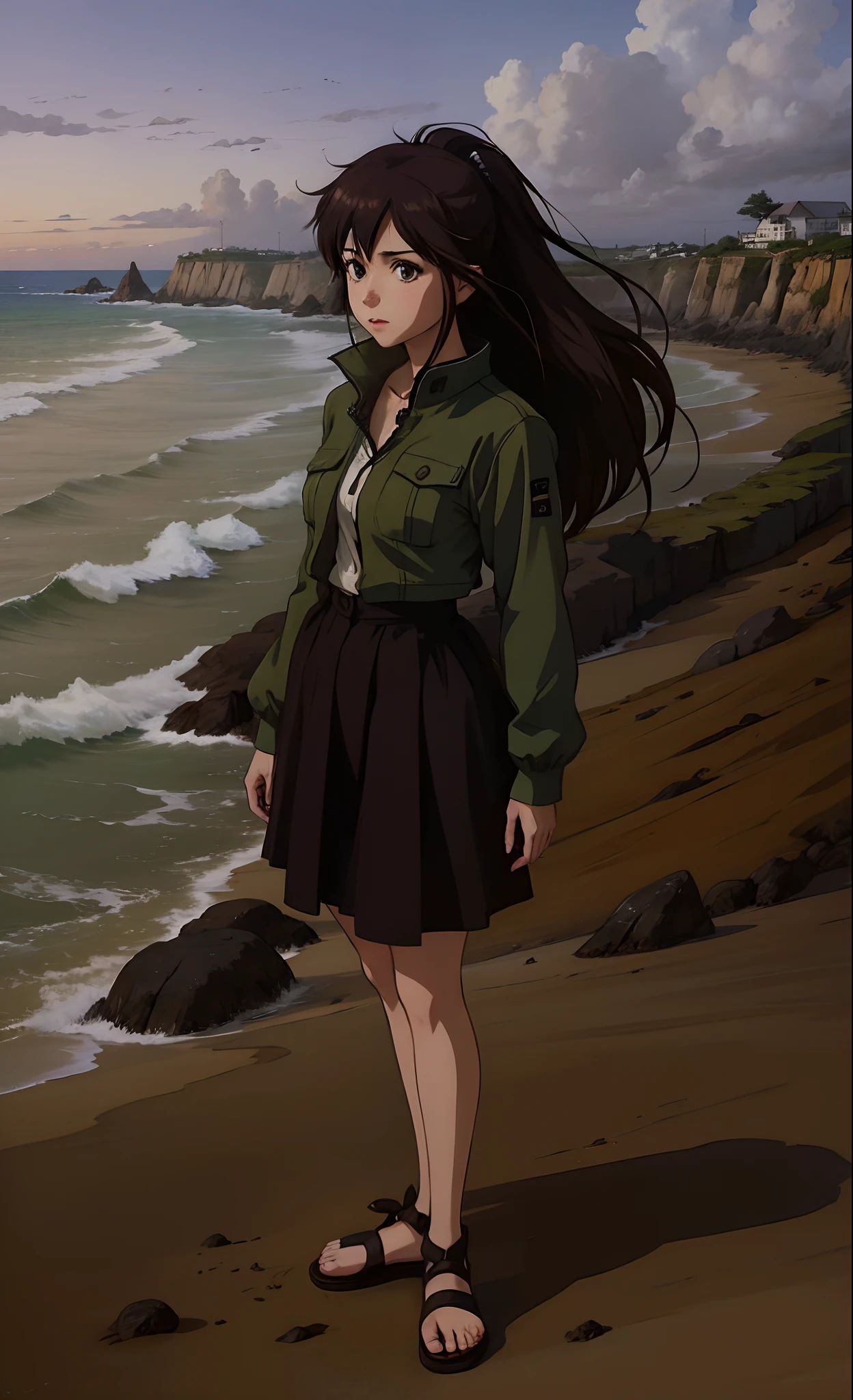 anime girl standing on a cliff overlooking the ocean, made with anime painter studio, anime full body illustration, painted in anime painter studio, lofi girl, dressed with long fluent clothes, girl standing, makoto shinkai style, standing at the beach, makoto shinkai art style, full body portrait of a short!, kantai collection style