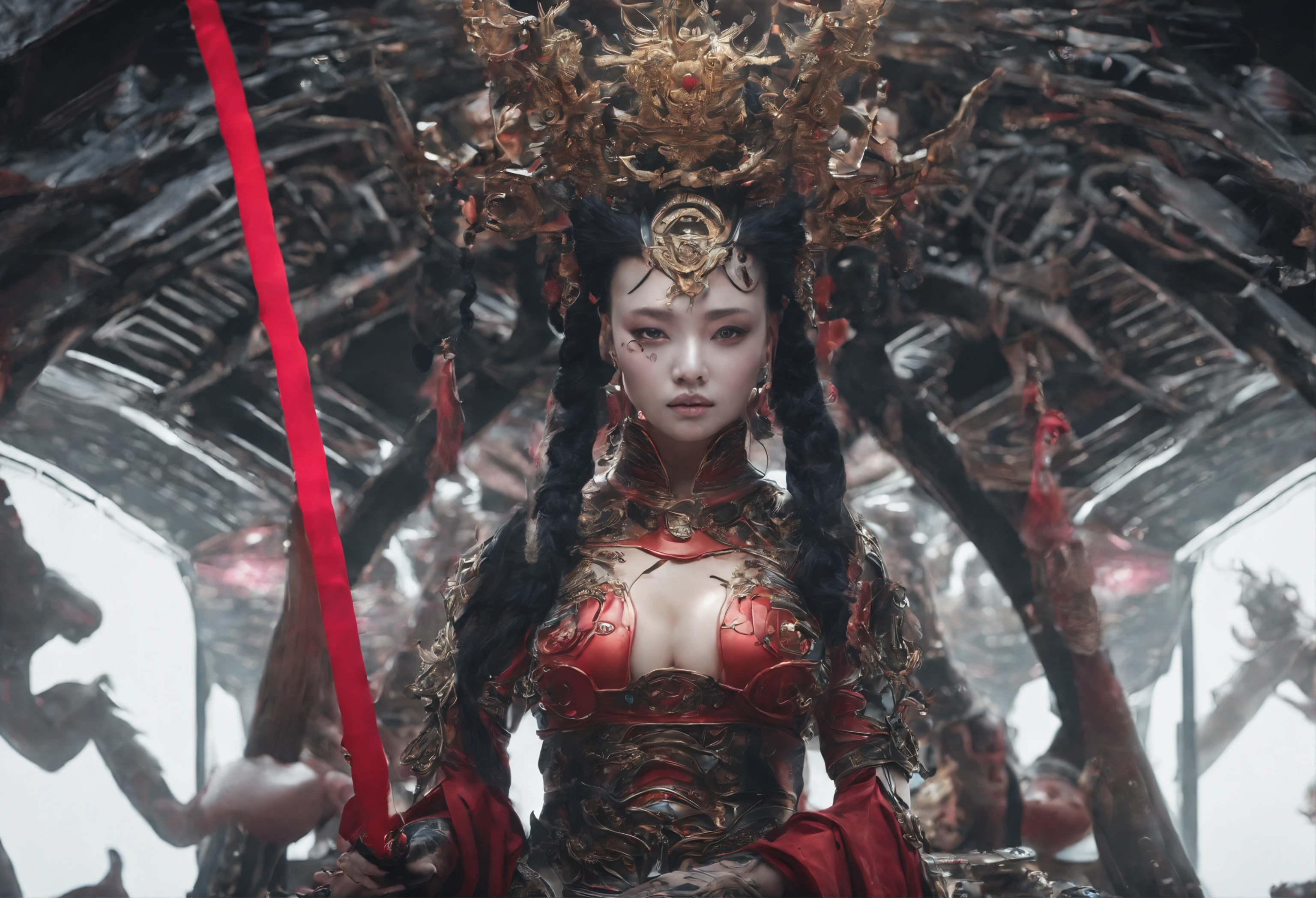 Fengshen Bang，tmasterpiece，ultra fine photos，，best qualtiy，超高分辨率，Photoreality，Chiaroscuro，（full-body portraits），stunningly beautiful，dynamicposes，delicated face，Bigchest，Murderous eyes，（seen from the side），She wears gold ancient Chinese armor，very highly detailed background，detailed face with，Detailed and complex busy background，untidy，opulent，milkyW，Highly detailed skin，Realistic details of skin，Visible Pore，tack sharp focus，volume fog，8k uhd，digital SLR camera，high qulity，filmgrain，White skin of the，photo-realism，lomography，The palace of the Yin Shang King in ancient China , look from down, semi transparent, gigantic breasts, showing cleavage, full body shot camera angle, lotus tattoo on forehead, sexy body: 1.4, Slim abdomen: 1.2, sitting on chair, gigantic deep cleavage, open shirt,