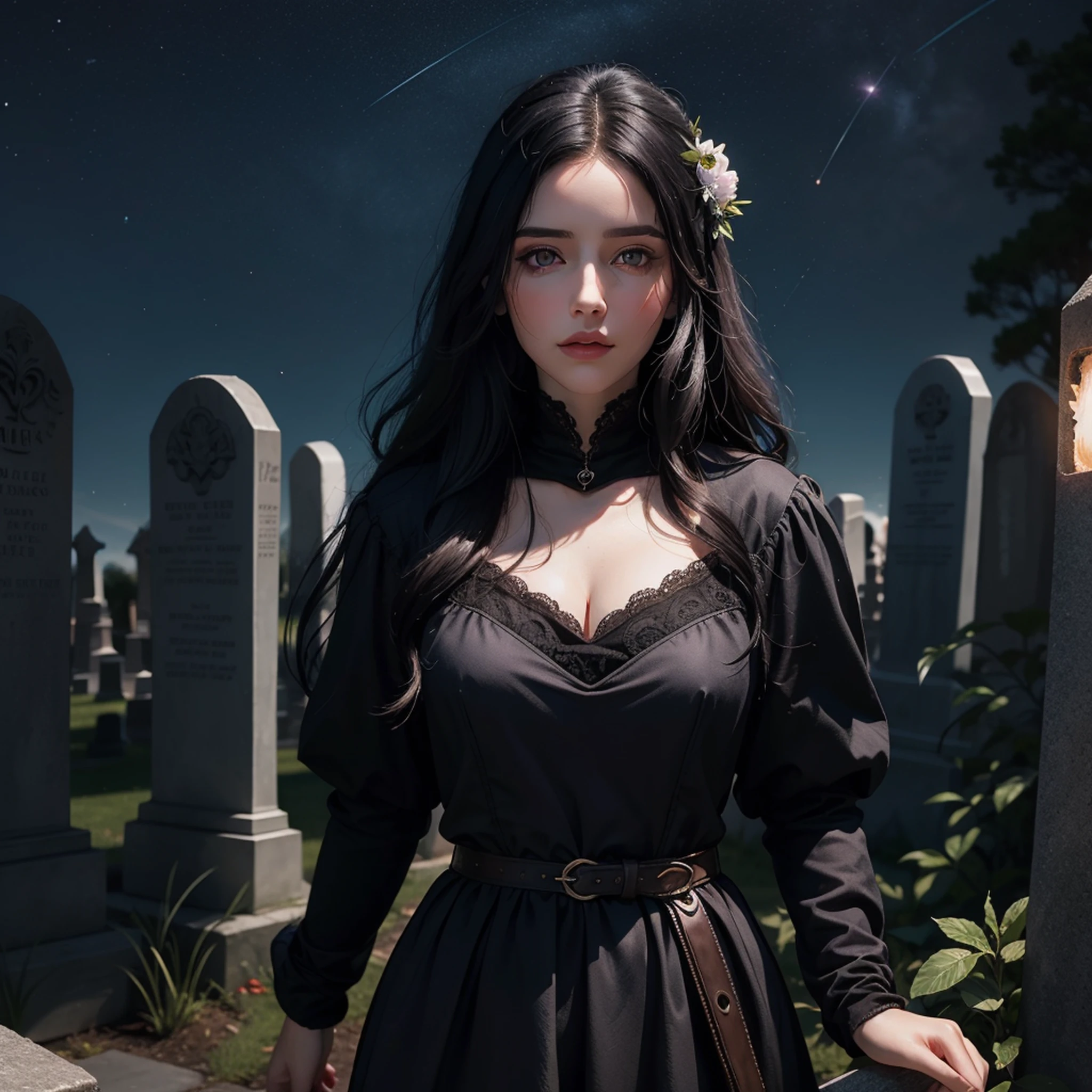 Beautiful woman reminiscent of Yennefer from The Witcher with long black hair and violet eyes bright as constellations, obra prima, ultra qualidade, 8k, cabelos caindo sobre seus ombros, in the background a cemetery