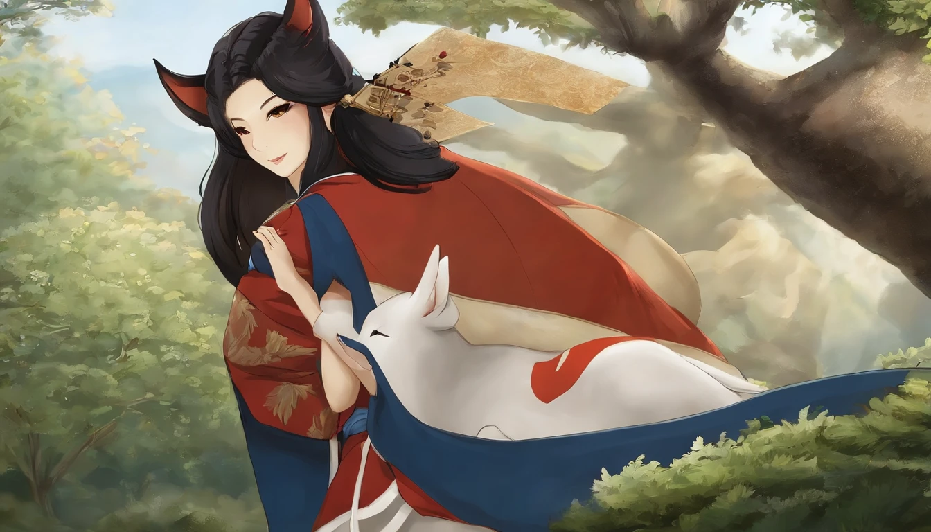 Um kitsune chamado Kiato, It is a female kitsune antr., com pelo vermelho-escuro, He would be hugging a 10-year-old Japanese boy with a Bob haircut named Shizuko, Shizuko would be wearing suspenders, blue shorts, uma camisa de tecido branco, Kiato would be hugging Shizuko with love and affection, (japanese temple)