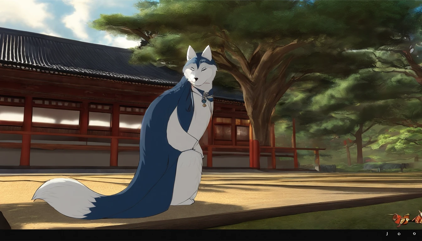 Um kitsune chamado Kiato, It is a female kitsune antr., com pelo vermelho-escuro, He would be hugging a 10-year-old Japanese boy with a Bob haircut named Shizuko, Shizuko would be wearing suspenders, blue shorts, uma camisa de tecido branco, Kiato would be hugging Shizuko with love and affection, (japanese temple)