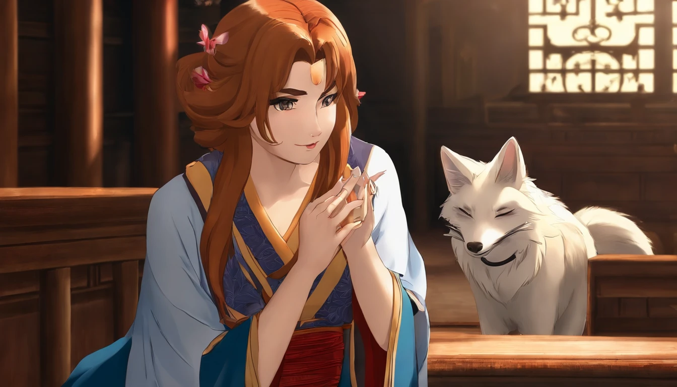 Um kitsune chamado Kiato, It is a female kitsune antr., com pelo vermelho-escuro, He would be hugging a 10-year-old Japanese boy with a Bob haircut named Shizuko, Shizuko would be wearing suspenders, blue shorts, uma camisa de tecido branco, Kiato would be hugging Shizuko with love and affection, (japanese temple)