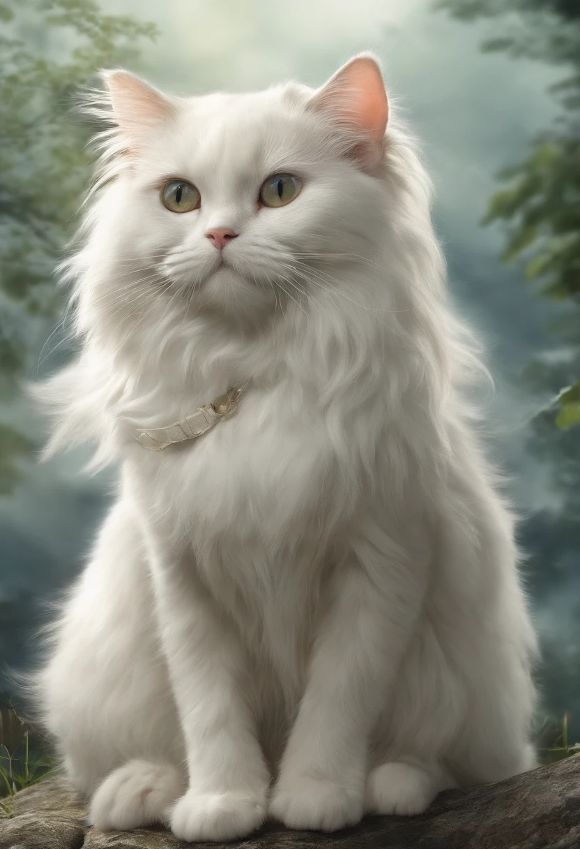 There is a white cat sitting on the grass looking up at the sky, white hairs, Branco ( Gato ) garota, albino mystic, an afghan male type, Gato Branco, gato persa, young handsome pale roma, cat female with a whit and chest, uma pintura de prata branca, awesome cat, gato ragdoll, cabelos brancos semelhantes a nuvens, gato angelical, gato anjo, golden areola on the baça, areola like that of an angel, fundo simples, sem fundo