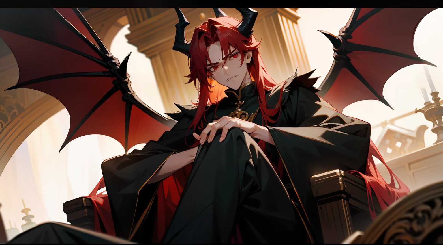 anime, anime, demon, girl, red hair, wings, gothic, gothic, masculine woman in demon slayer art, handsome japanese demon girl, dapper dream demon, beautiful female god of death, detailed key anime art, the former demon queen, demon queen, key anime art, demon boy, rias gremory, evil devious female, beautiful androgynous princess