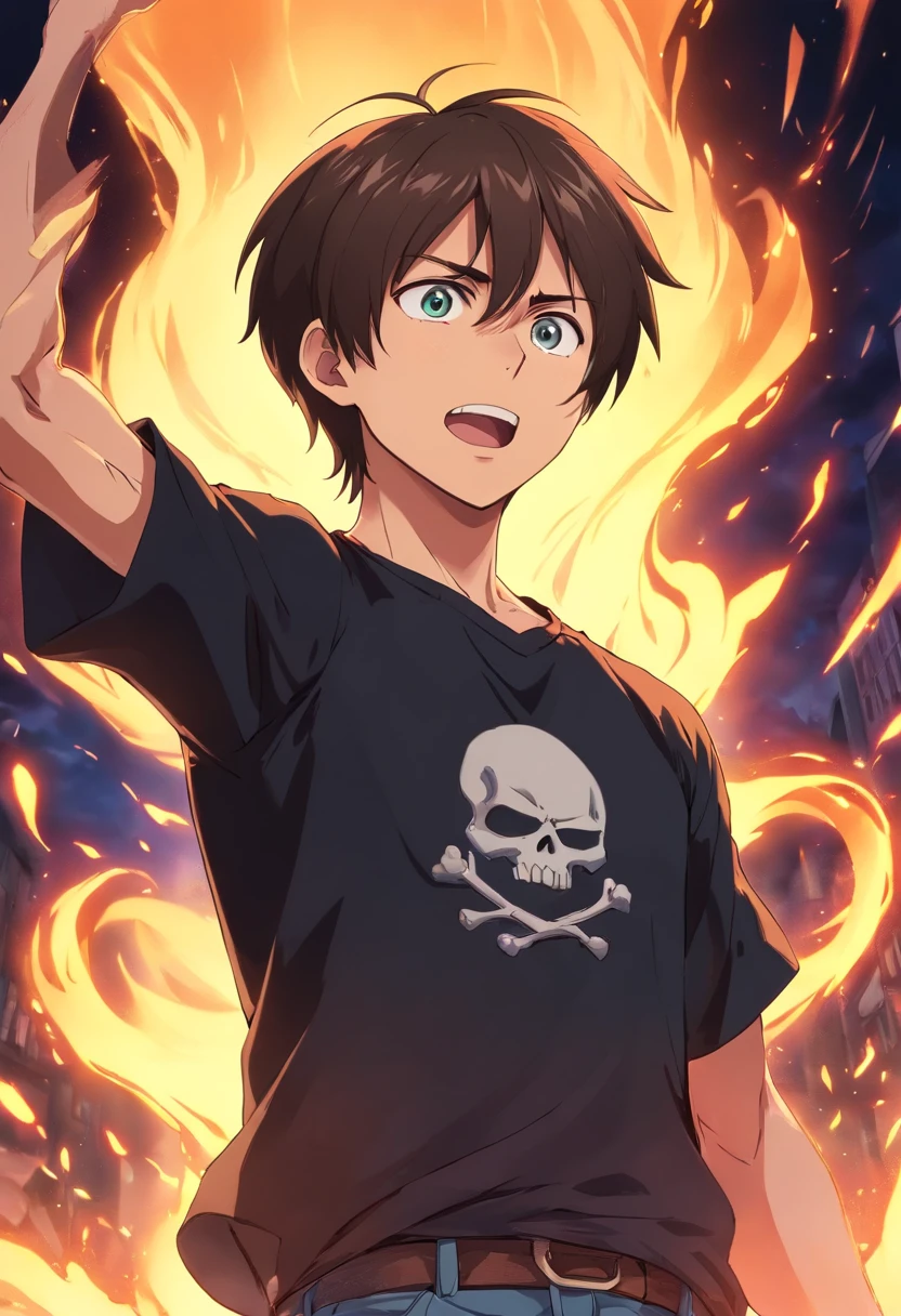 a mature eren yeager wearing an ripped shirt,ripped black shirt,glowing cheering background of eren anime world