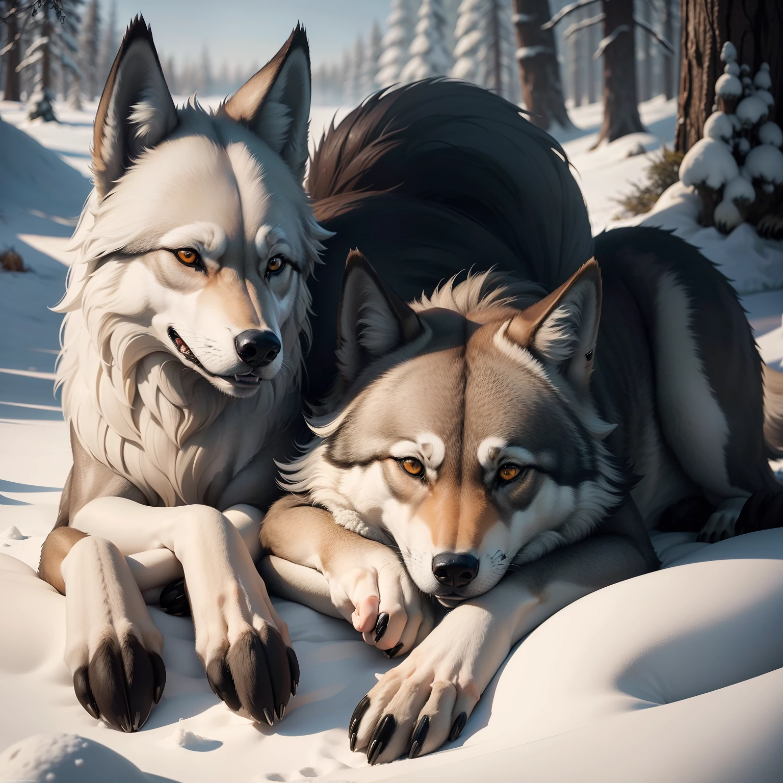 anatomically correct, feral, huge wolf on hyena, wolf, hyena, canine, canine penis, anal penetration, cum, leaking, knot, knotting, balls, doggystyle, snowskau, pupil of eyes, green eyes, forest, angled rear view, fluffy