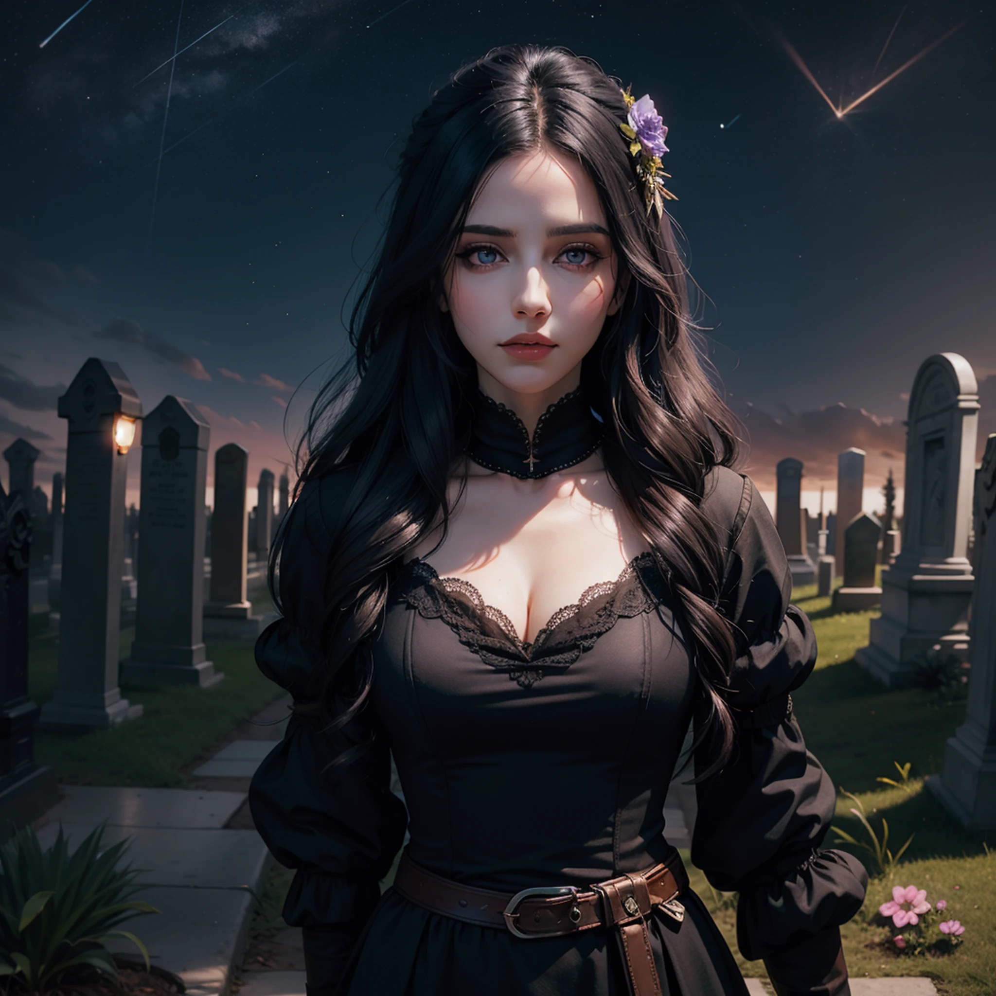 Beautiful woman reminiscent of Yennefer from The Witcher with long black hair and violet eyes bright as constellations, obra prima, ultra qualidade, 8k, cabelos caindo sobre seus ombros, in the background a cemetery, She's wearing a black suit and tie...........