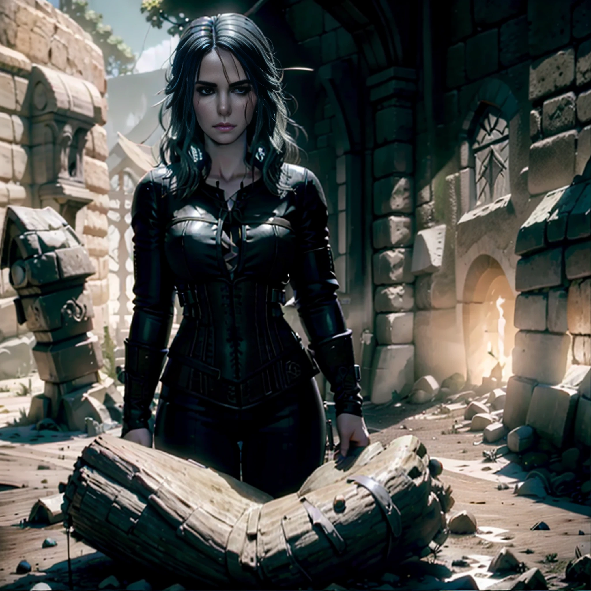 Mulher bonita que lembra Yennefer de The Witcher com longos cabelos pretos e olhos violetas brilhantes, obra prima, ultra qualidade, 8k, cabelos caindo sobre seus ombros, in the background a cemetery, She's wearing a tank top.