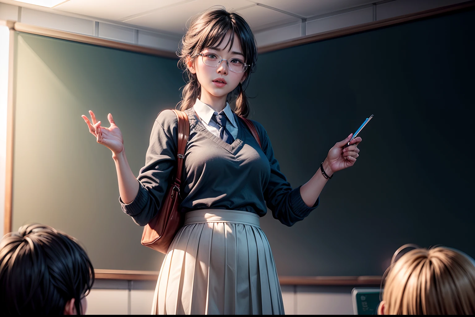 1. The teacher stands on the podium and gives a lecture to the students,Clear facial features,Classroom,blackboards,Happy Teacher's Day,fresh flowers,cinmatic lighting,Masterpiece,,depth of fields, lens flare glow,8K, RAW photos, sportrait, best qualtiy, 超高分辨率, realisticlying,超高分辨率,HD CG unified 8K wallpapers,physically-based renderingt,