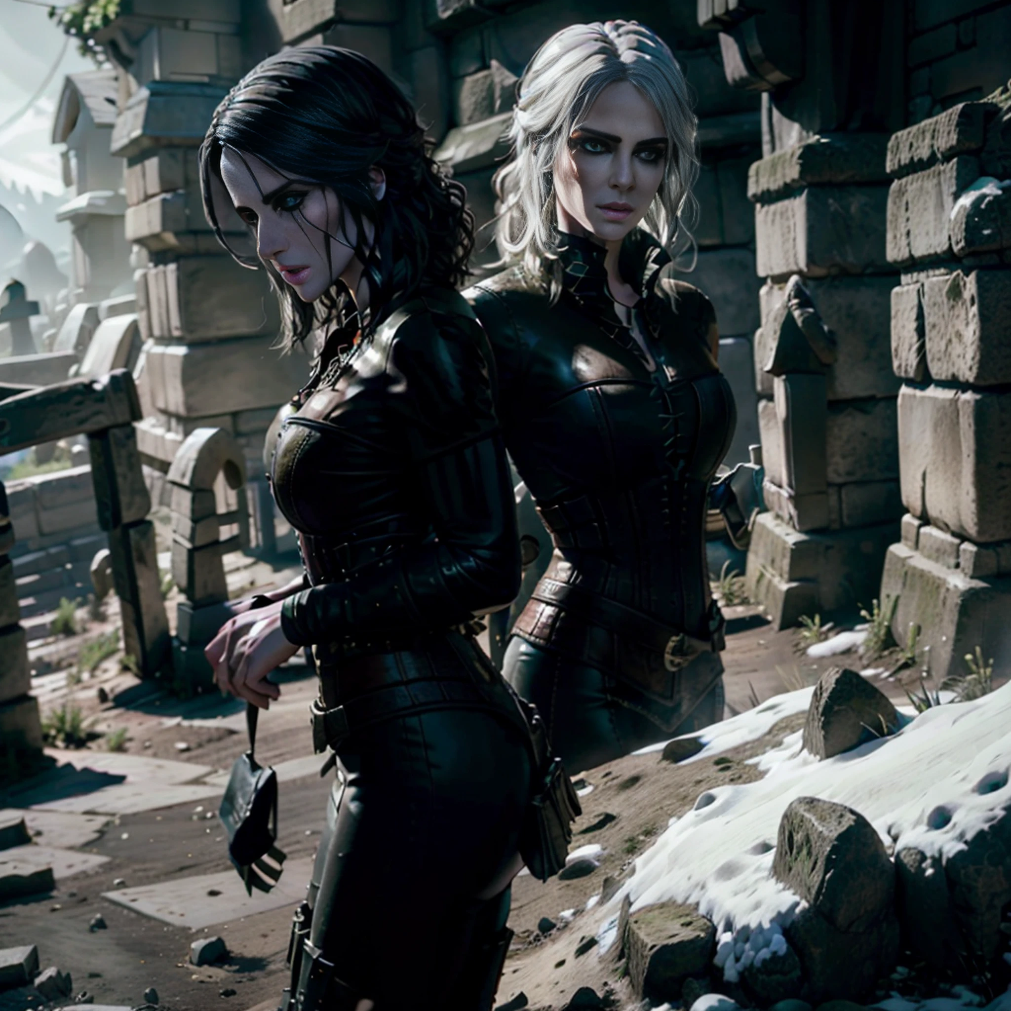 Mulher bonita que lembra Yennefer de The Witcher com longos cabelos pretos e olhos violetas brilhantes, obra prima, ultra qualidade, 8k, cabelos caindo sobre seus ombros, in the background a cemetery, She's wearing a tank top.