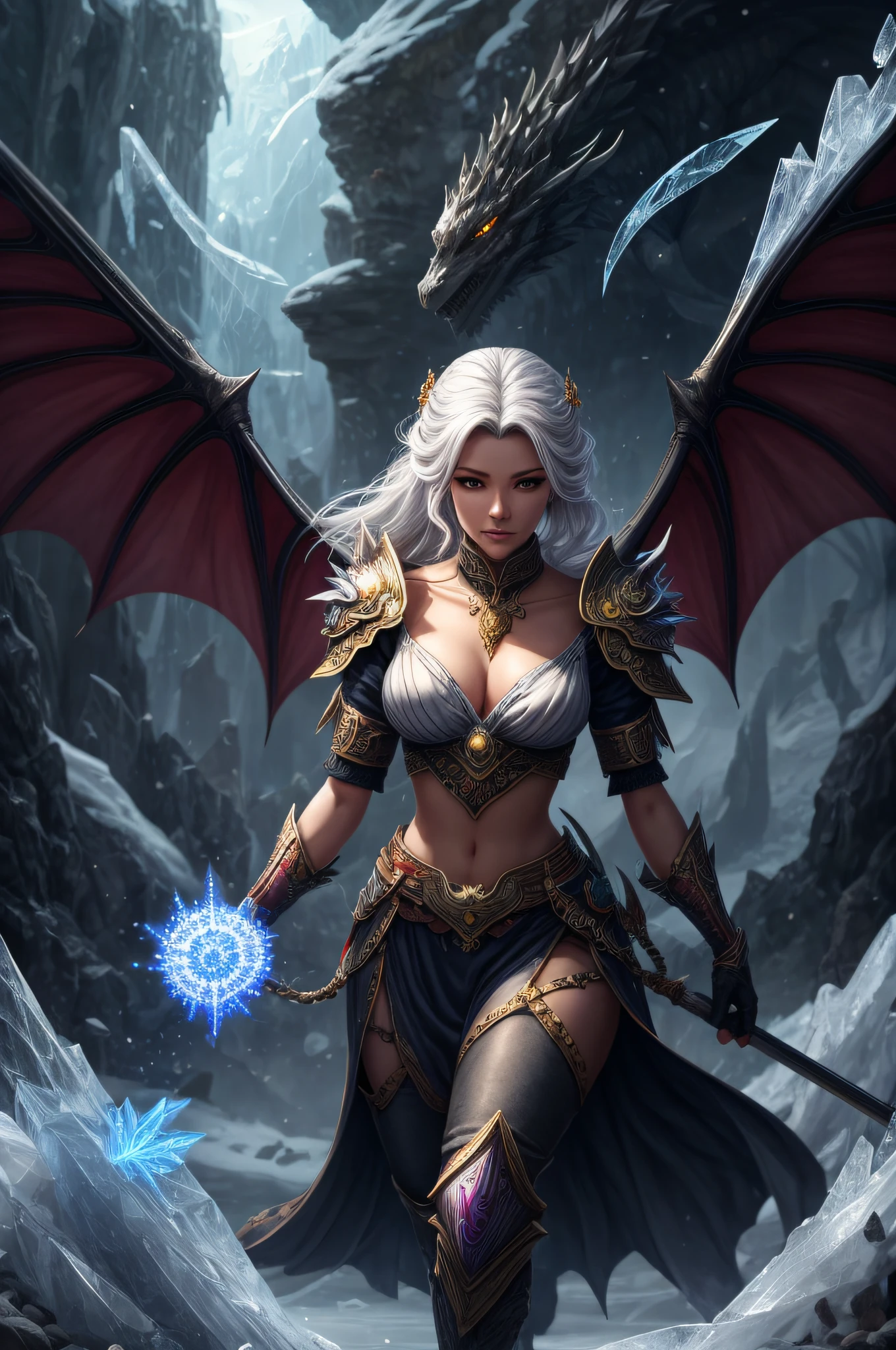fashion model 25 years old, [[chest]], [[[[neck]]], [[[[shoulders]]]], all [[[feet and breasts shod in armor of silver glass]]] and ice, Girl, beautiful crop top [[(average bust: 1.8)]], narrow waist, slanderous legs, perfect proportions, perky nipples. The drawn enchanted fantasy land is frosty, with flying pieces of ice floating in the air and glowing ((energy crystals)). this environment is a magical vortex of thousands of ambient light elements, (light reflections), including the environment ((ice and crystals)) glowing in the air. The girl's armor is made of silver glass, which absorbs the magical energy of the environment and releases it in the form of bright light. In this fantastic area there is a great spirit dragon (length: 25 m) and a thick one surrounding this fantastic masterpiece with all its greatness, illuminated accessories. This fantastic land is inhabited by a large flying serpent dragon with wings surrounding this fantastic masterpiece with all its wonderful accessories. The dragon-beast lies on the ice facing the viewer. The image of this fantasy land is shrouded in powerful, ((glowing light)), ray tracing, [[[reflected light]]], optical illusion, [[[masterpiece]]], textured skin, [[high detail]], best quality, high quality, super detail of dragons, epic fantasy art style, epic digital fantasy art style, beautiful succubus, epic fantasy style, extremely detailed artgerm, [[beautiful elegant demon queen]], (Fantasy 4k art), fantasy 2.5 d cgi anime art, dragon girl, wlop and artgerm, (oli face: 1.3), (((fractal art:1.6))), [[(snowflakes:1.2)]], [[ray tracing]], [ [[[[sparkle]]]] ], [ [[[[[glowing light]]]] ], [[optical illusion]], [[HD]], Depth of field, extremely detailed 64k, fine art, stunning, iridescent, (shiny:1.2), (light reflections:1.3), (crisp:1.7)
