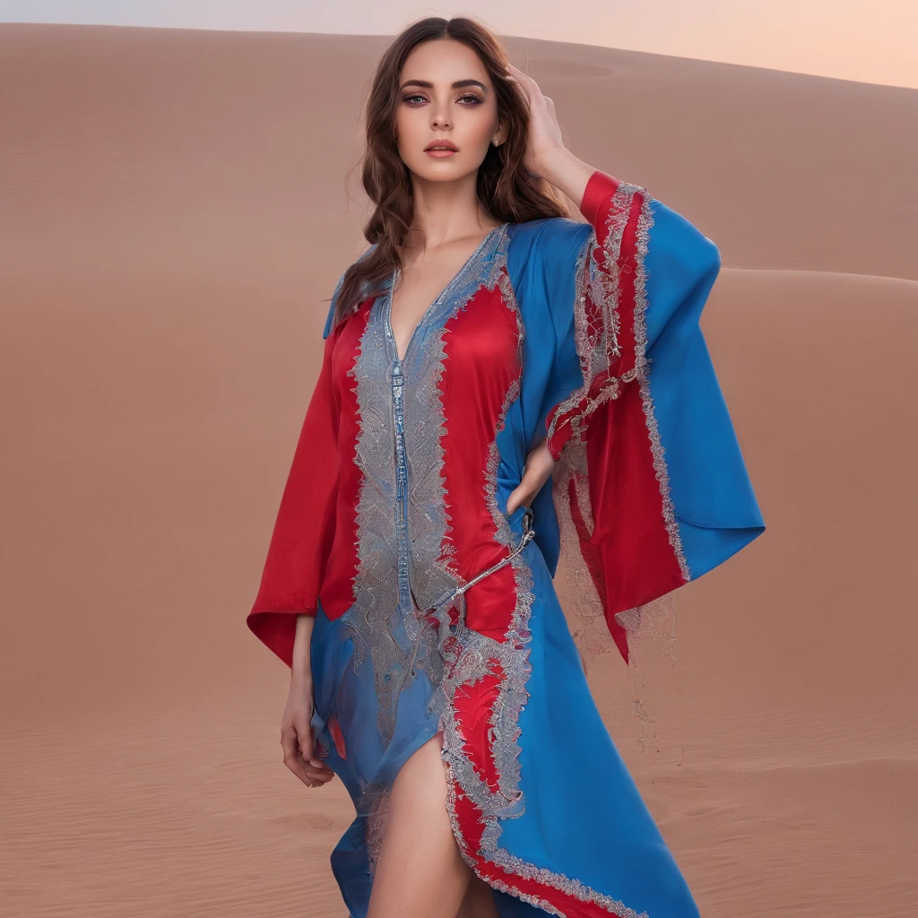 Girl with symbolic clothes Moroccan caftan full body outfit red and blue 。...com (Barbed wire of the body) Cheveux bruns couleur，Pointes de cheveux gris