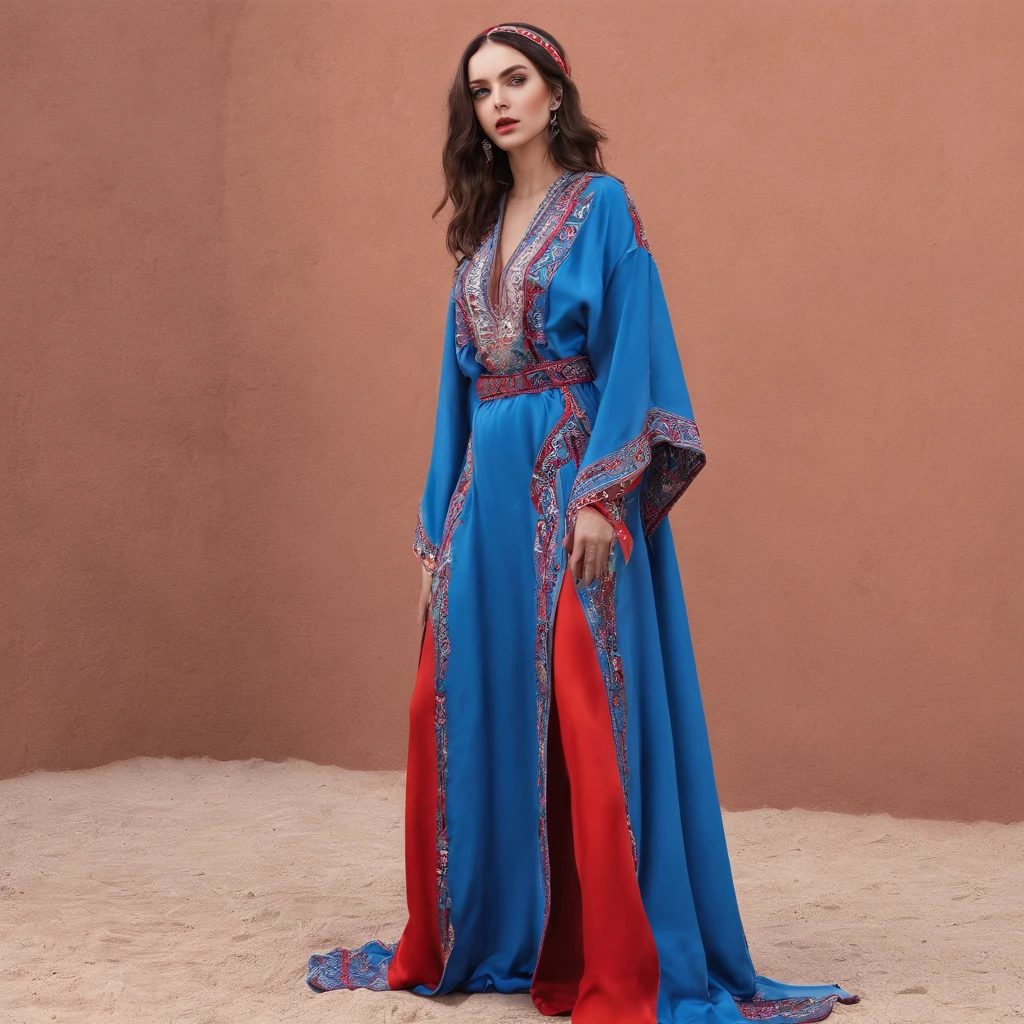 Girl with symbolic clothes Moroccan caftan full body outfit red and blue 。...com (Barbed wire of the body) Cheveux bruns couleur，Pointes de cheveux gris