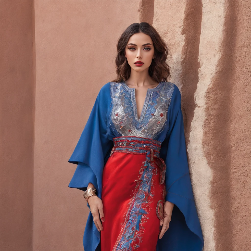 Girl with symbolic clothes Moroccan caftan full body outfit red and blue 。...com (Barbed wire of the body) Cheveux bruns couleur,Pointes de cheveux gris