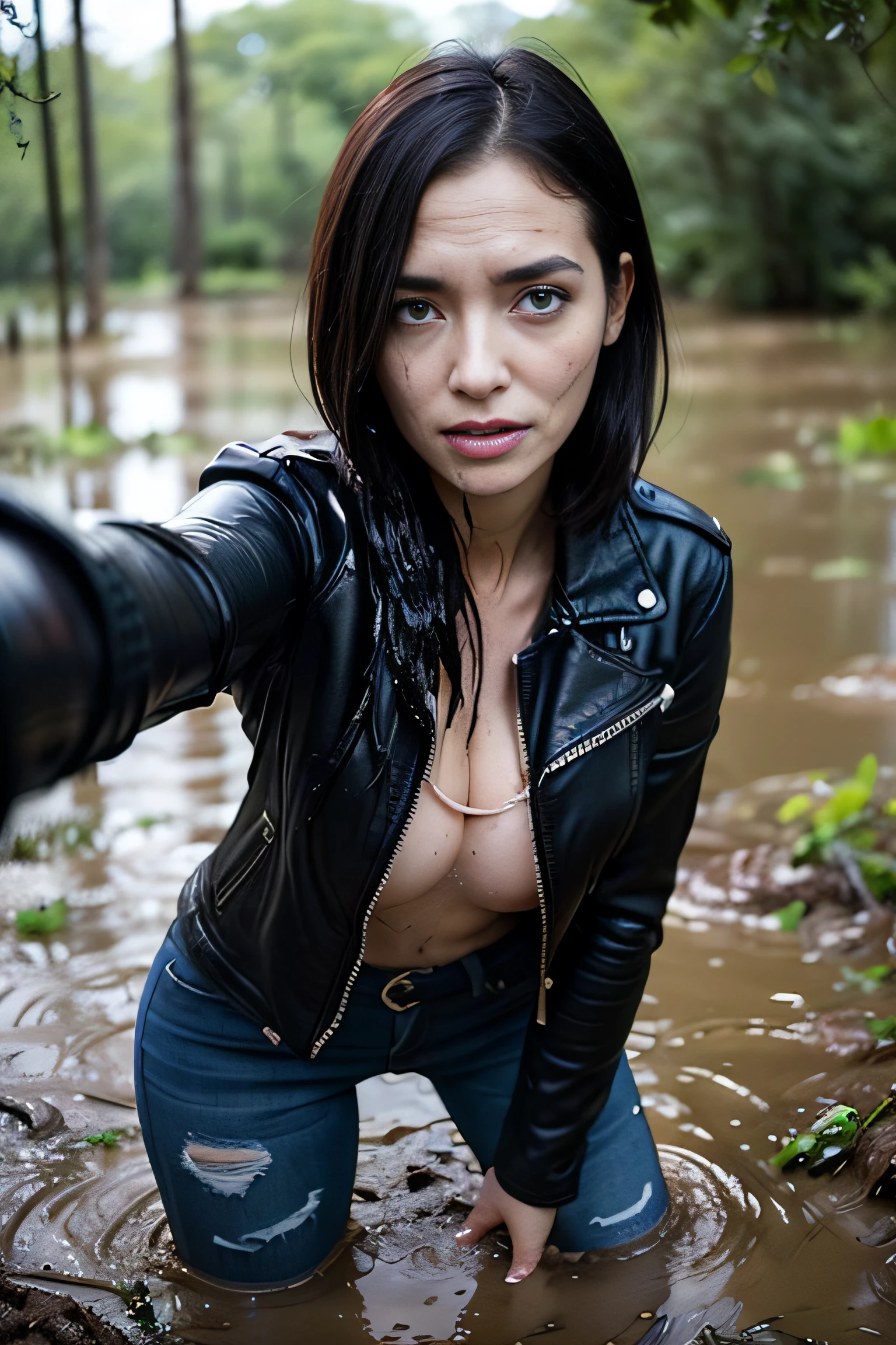 Tormented by lust, Woman in lust-soaked jeans, A tight blouse and leather jacket were caught off guard in the woods at night, indulging in his sexual fetish of drowning in a swamp. Lust causes her to drown in a swamp. Her face is haggard and dehydrated. She is perplexed and looks around in fright. There is pitch darkness all around, The light only comes from the camera's flash.
TAGS: night time, blurred background, (First-person selfie for Instagram:1.7), (Darkness around:1.6), (Light only from the camera:1.6). woods, The woman, (Tormented by lust:1.4), (In lust-soaked jeans), leather jacket, in blouse wearing, swamp, (drowning in a swamp), (Drowning in a muddy swamp up to his thighs:1.8), (Sexual fetish:1.3), Sexual despair, (emaciated face:1.6), (dehydrated face:1.6), (swelling of the face:1.6), (Short hair gathered in a ponytail:1.2),