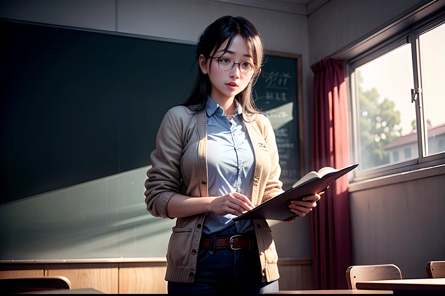 1. The teacher stands on the podium and gives a lecture to the students,Clear facial features,Classroom,blackboards,Happy Teacher's Day,fresh flowers,cinmatic lighting,Masterpiece,,depth of fields, lens flare glow,8K, RAW photos, sportrait, best qualtiy, 超高分辨率, realisticlying,超高分辨率,HD CG unified 8K wallpapers,physically-based renderingt,