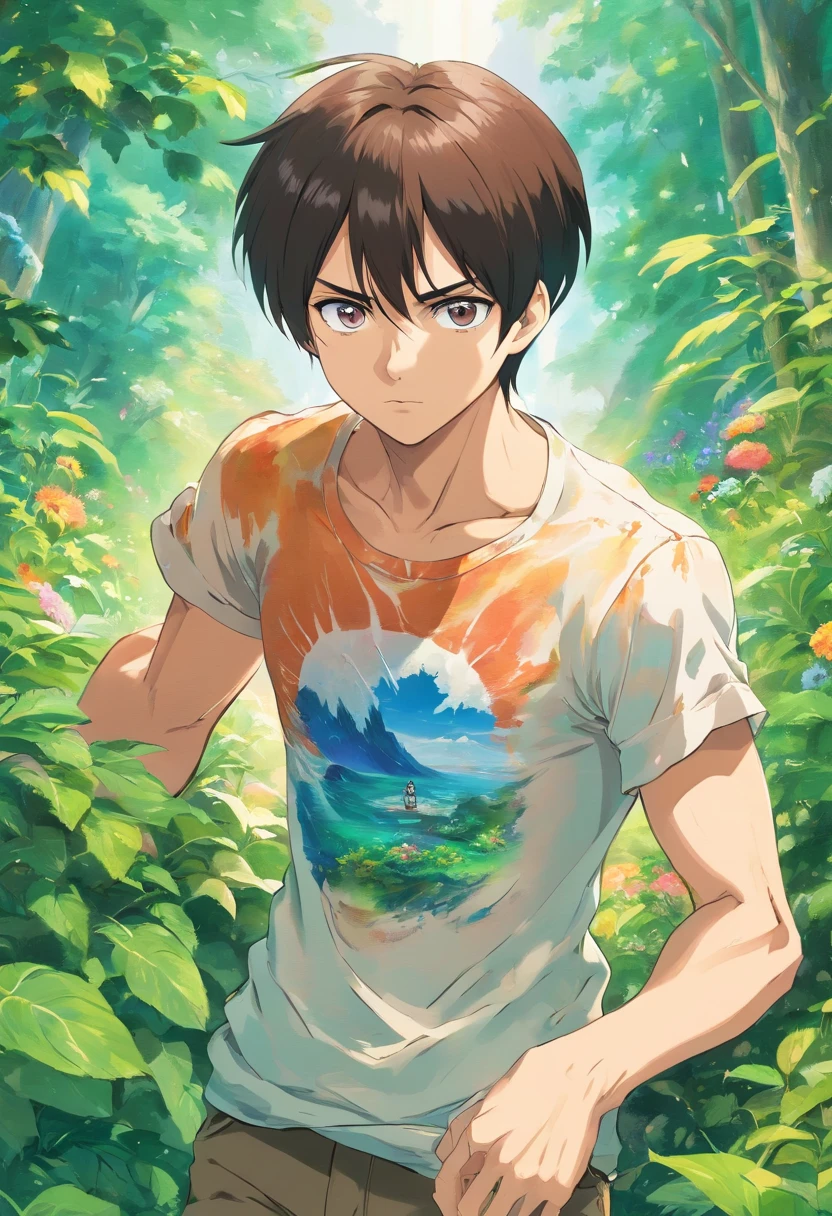 a eren yeager wearing an anime ripped shirt , in the style of tranquil gardenscapes, colorful animation stills, masami teraoka, aquamarine, paul gauguin, Embry style, honest portrayal