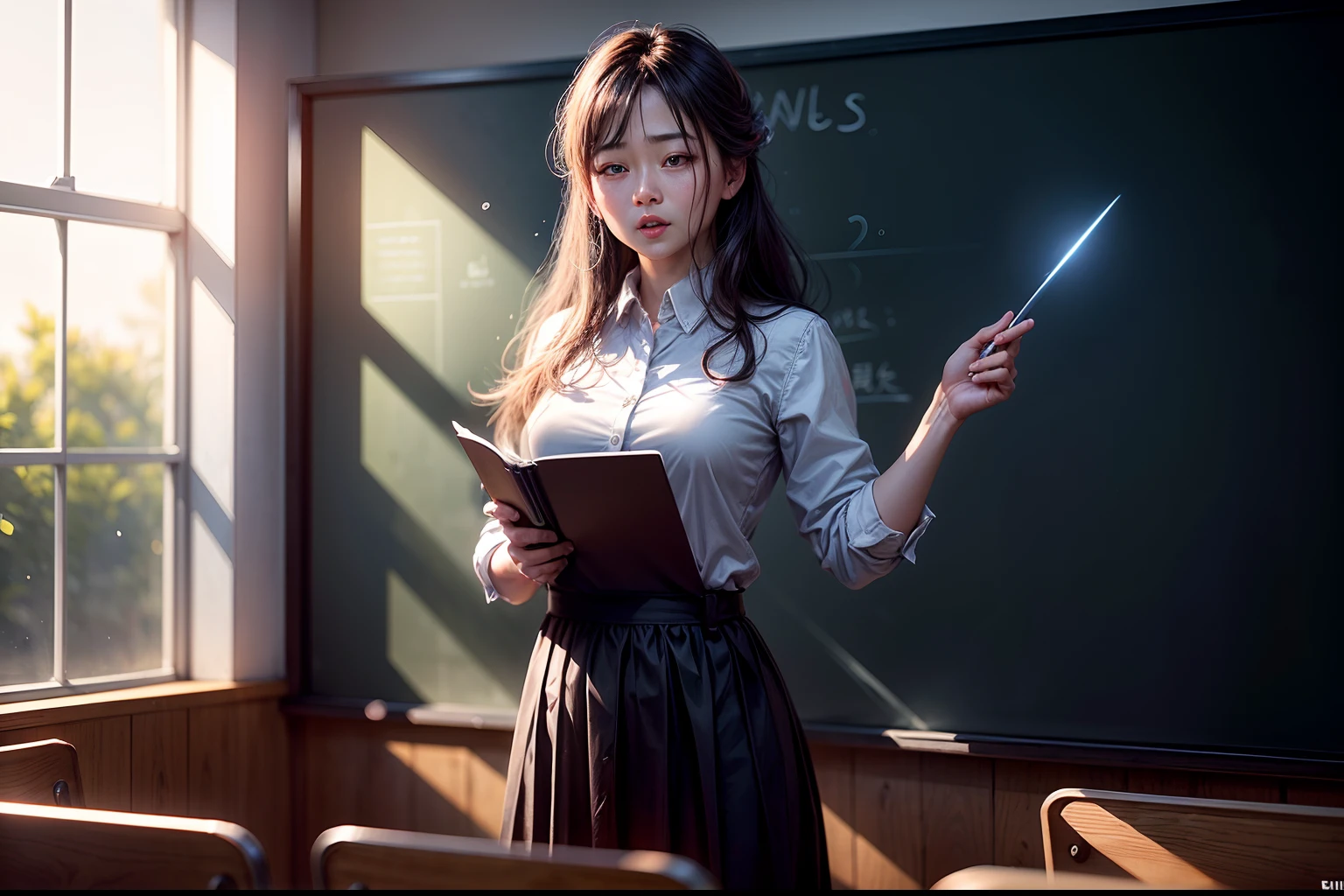 1. The teacher stands on the podium and gives a lecture to the students,Clear facial features,Classroom,blackboards,Happy Teacher's Day,fresh flowers,cinmatic lighting,Masterpiece,,depth of fields, lens flare glow,8K, RAW photos, sportrait, best qualtiy, 超高分辨率, realisticlying,超高分辨率,HD CG unified 8K wallpapers,physically-based renderingt,