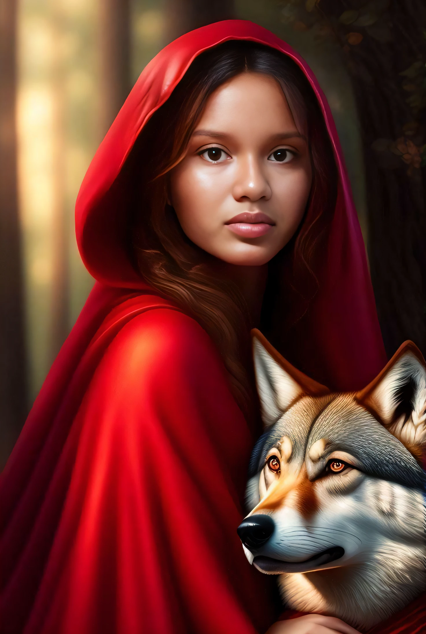 closeup portrait of a cute red riding hood in a dark spooky forest, big bad wolf in background, scary, (backlighting), realistic, masterpiece, highest quality, ((red hooded cape)), basket of food on ground,  ((scared)), lens flare, shade, bloom, ((light sparkles)), [chromatic aberration], by Jeremy Lipking, by Antonio J. Manzanedo, by (Alphonse Mucha), digital painting