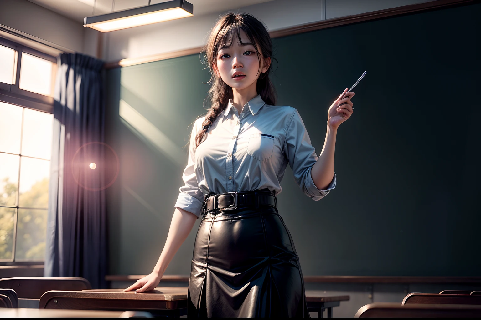1. The teacher stands on the podium and gives a lecture to the students,Clear facial features,Classroom,blackboards,Happy Teacher's Day,fresh flowers,cinmatic lighting,Masterpiece,,depth of fields, lens flare glow,8K, RAW photos, sportrait, best qualtiy, 超高分辨率, realisticlying,超高分辨率,HD CG unified 8K wallpapers,physically-based renderingt,