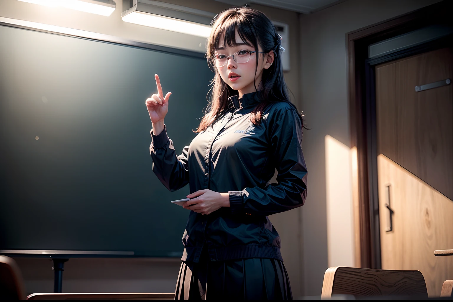 1. The teacher stands on the podium and gives a lecture to the students，Clear facial features，‎Classroom，blackboards，Happy Teacher's Day，fresh flowers，cinmatic lighting，Masterpiece,，depth of fields， lens flare glow，8K， RAW photos， sportrait， best qualtiy， 超高分辨率， realisticlying，超高分辨率，HD CG unified 8K wallpapers，physically-based renderingt，
