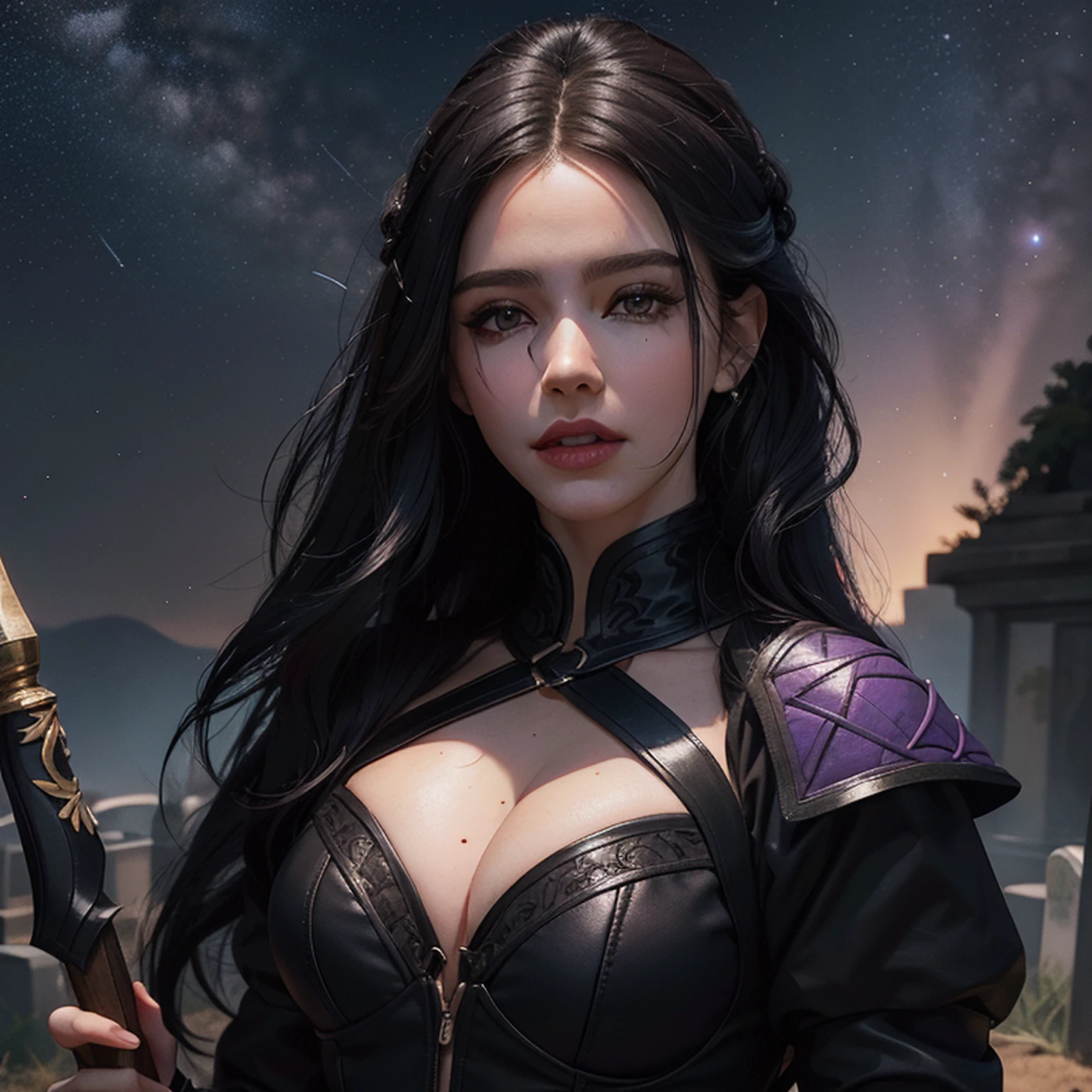 Mulher bonita que lembra《O Bruxo》Yennefer em ，Long black hair and violet eyes as bright as constellations, tmasterpiece, hiper qualidade, 8k, Her hair fell over her shoulders, The background is a cemetery, Ela usava terno preto e gravata.....