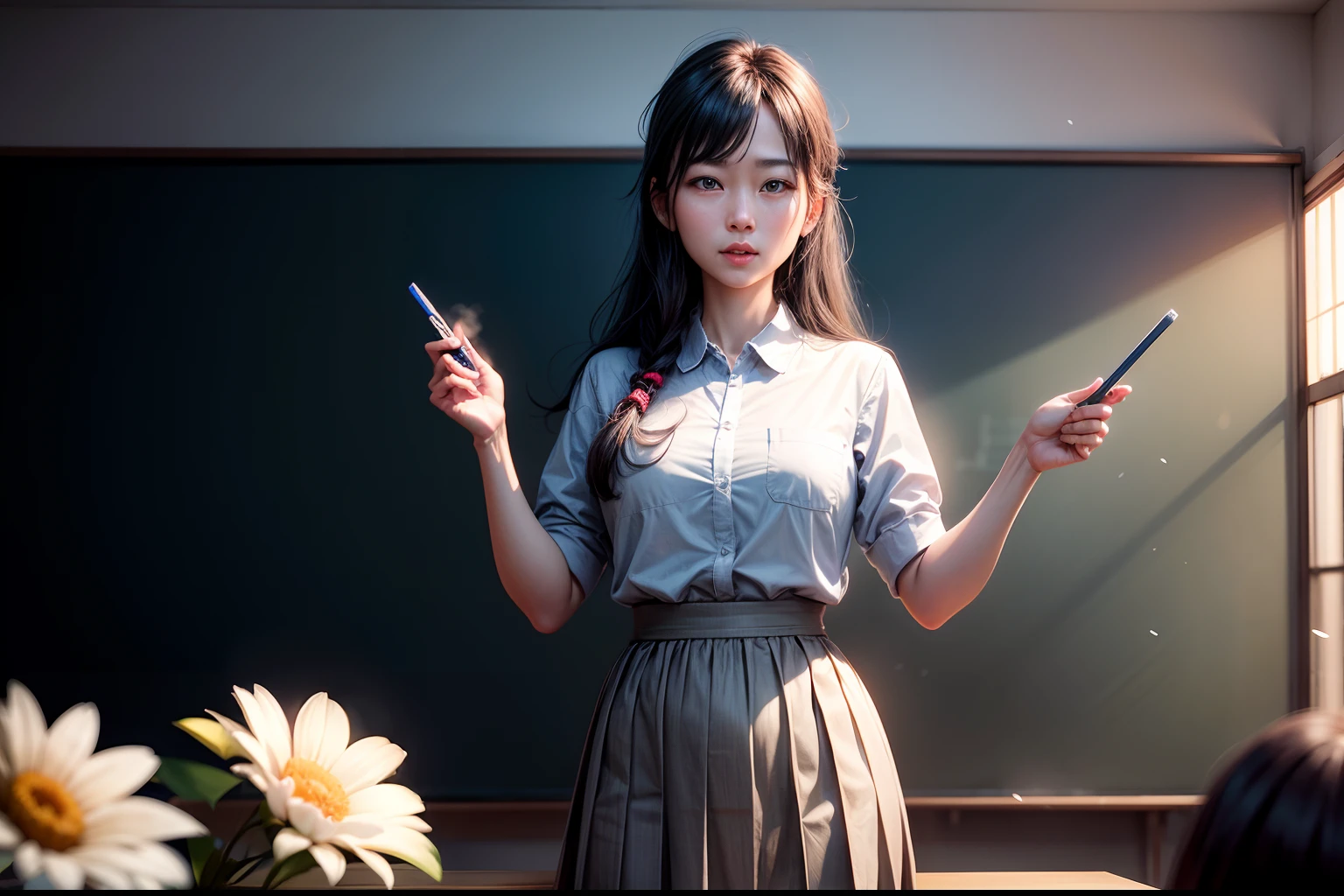 1. The teacher stands on the podium and gives a lecture to the students，Clear facial features，‎Classroom，blackboards，Happy Teacher's Day，fresh flowers，cinmatic lighting，Masterpiece,，depth of fields， lens flare glow，8K， RAW photos， sportrait， best qualtiy， 超高分辨率， realisticlying，超高分辨率，HD CG unified 8K wallpapers，physically-based renderingt，