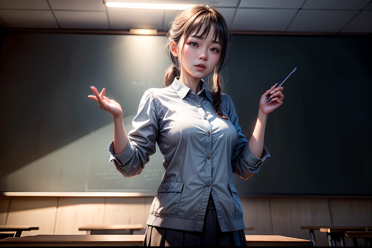 1. The teacher stands on the podium and gives a lecture to the students,Clear facial features,Classroom,blackboards,Happy Teacher's Day,fresh flowers,cinmatic lighting,Masterpiece,,depth of fields, lens flare glow,8K, RAW photos, sportrait, best qualtiy, 超高分辨率, realisticlying,超高分辨率,HD CG unified 8K wallpapers,physically-based renderingt,