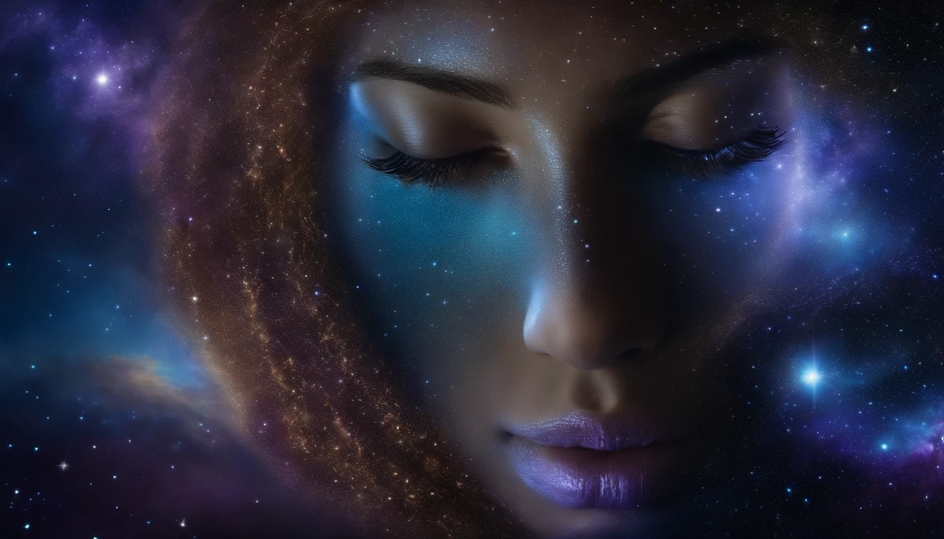 Human face in deep meditation, serenidade, aura brilhante e sutil, universo em AZUL e violeta, Stars and galaxies, macio, ethereal clouds, connectedness, roots in the earth, branches to the starry sky, tons amarelados, serenidade, cosmic harmony