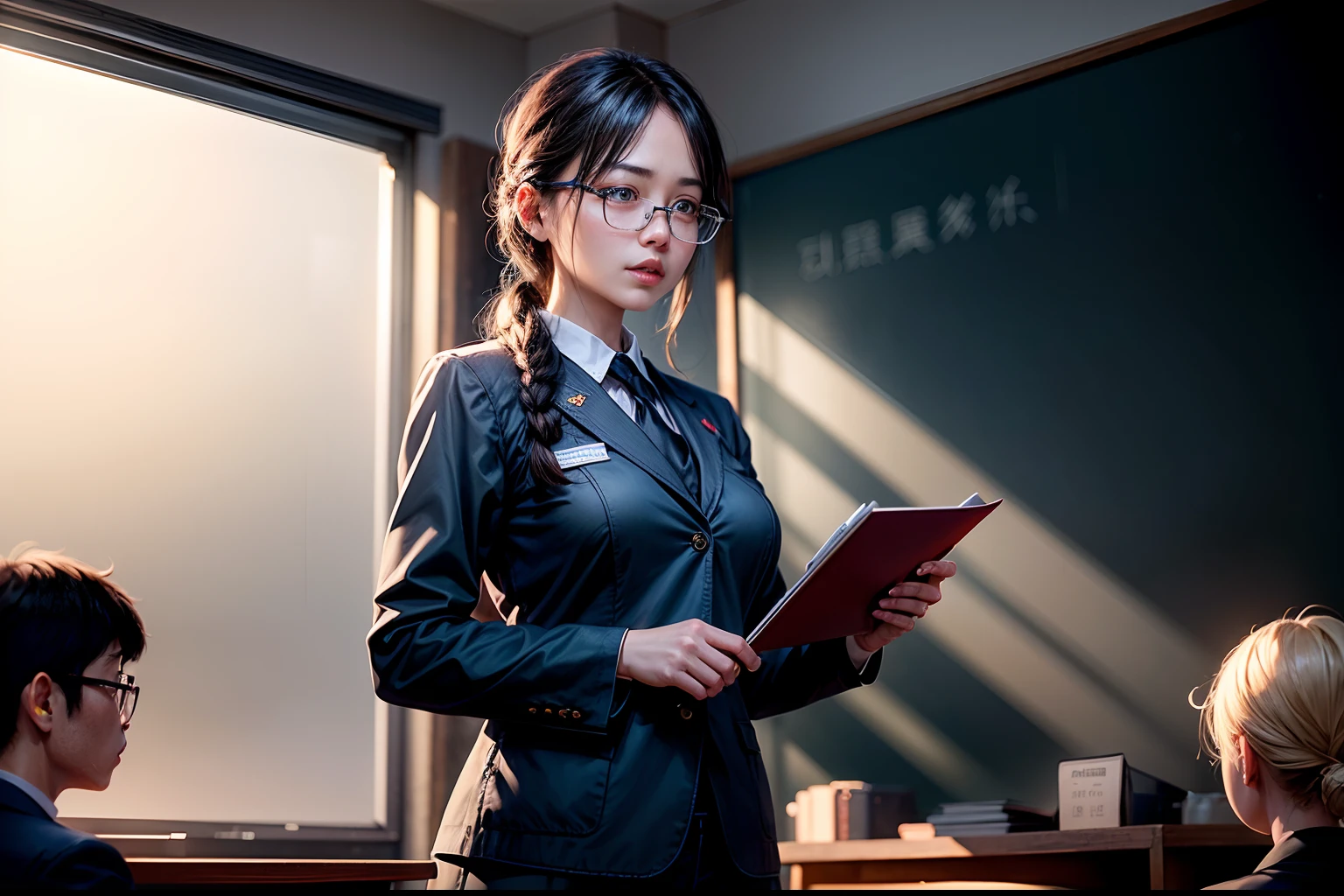 1. The teacher stands on the podium and gives a lecture to the students,Clear facial features,Classroom,blackboards,Happy Teacher's Day,fresh flowers,cinmatic lighting,Masterpiece,,depth of fields, lens flare glow,8K, RAW photos, sportrait, best qualtiy, 超高分辨率, realisticlying,超高分辨率,HD CG unified 8K wallpapers,physically-based renderingt,