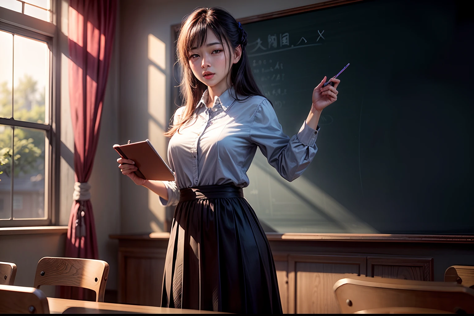 1. The teacher stands on the podium and gives a lecture to the students，Clear facial features，‎Classroom，blackboards，Happy Teacher's Day，fresh flowers，cinmatic lighting，Masterpiece,，depth of fields， lens flare glow，8K， RAW photos， sportrait， best qualtiy， 超高分辨率， realisticlying，超高分辨率，HD CG unified 8K wallpapers，physically-based renderingt，