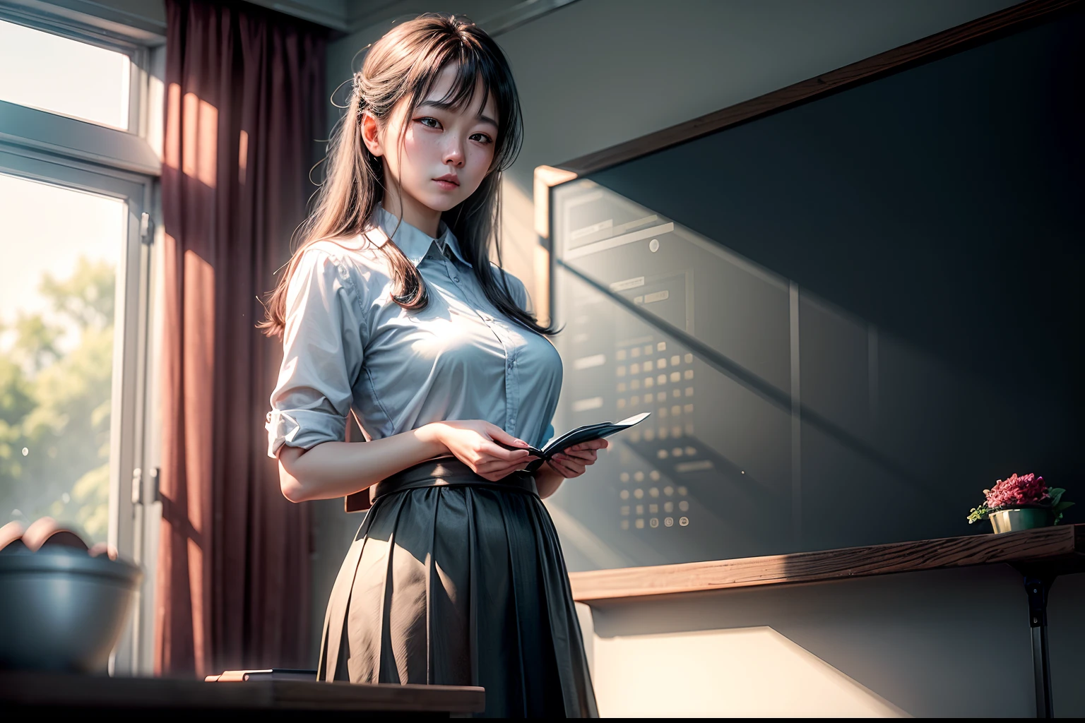 1. The teacher stands on the podium and gives a lecture to the students,Clear facial features,Classroom,blackboards,Happy Teacher's Day,fresh flowers,cinmatic lighting,Masterpiece,,depth of fields, lens flare glow,8K, RAW photos, sportrait, best qualtiy, 超高分辨率, realisticlying,超高分辨率,HD CG unified 8K wallpaper,physically-based renderingt,