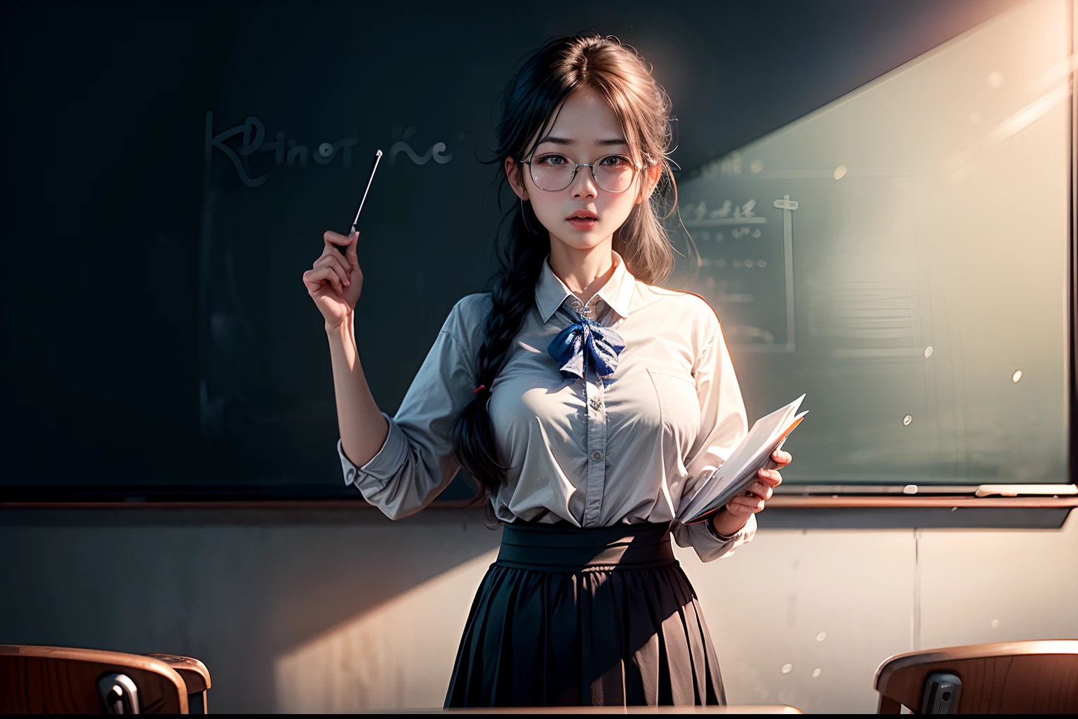 1. The teacher stands on the podium and gives a lecture to the students,Clear facial features,Classroom,blackboards,Happy Teacher's Day,fresh flowers,cinmatic lighting,Masterpiece,,depth of fields, lens flare glow,8K, RAW photos, sportrait, best qualtiy, 超高分辨率, realisticlying,超高分辨率,HD CG unified 8K wallpaper,physically-based renderingt,