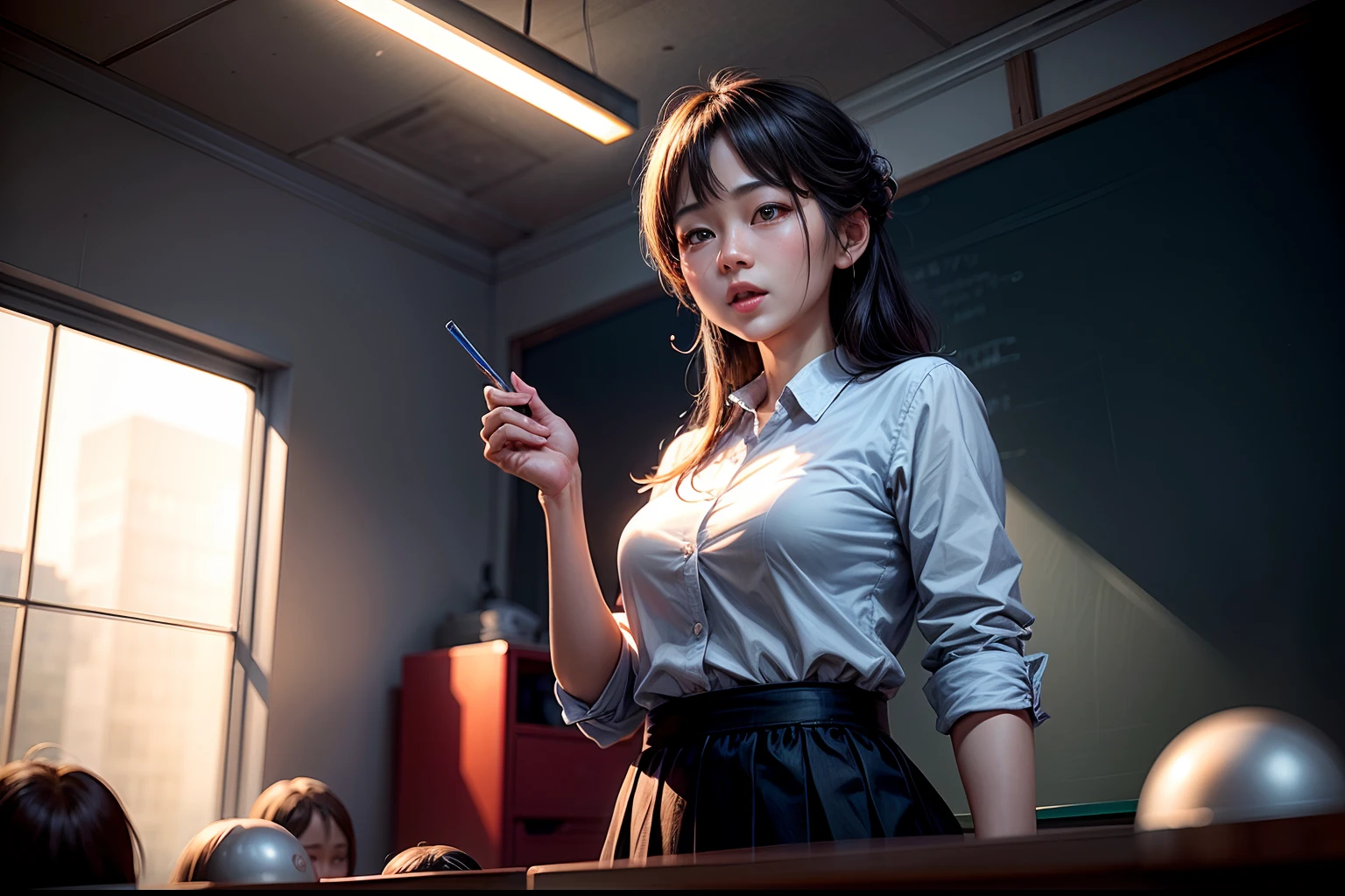 1. The teacher stands on the podium and gives a lecture to the students,Clear facial features,Classroom,blackboards,Happy Teacher's Day,fresh flowers,cinmatic lighting,Masterpiece,,depth of fields, lens flare glow,8K, RAW photos, sportrait, best qualtiy, 超高分辨率, realisticlying,超高分辨率,HD CG unified 8K wallpaper,physically-based renderingt,