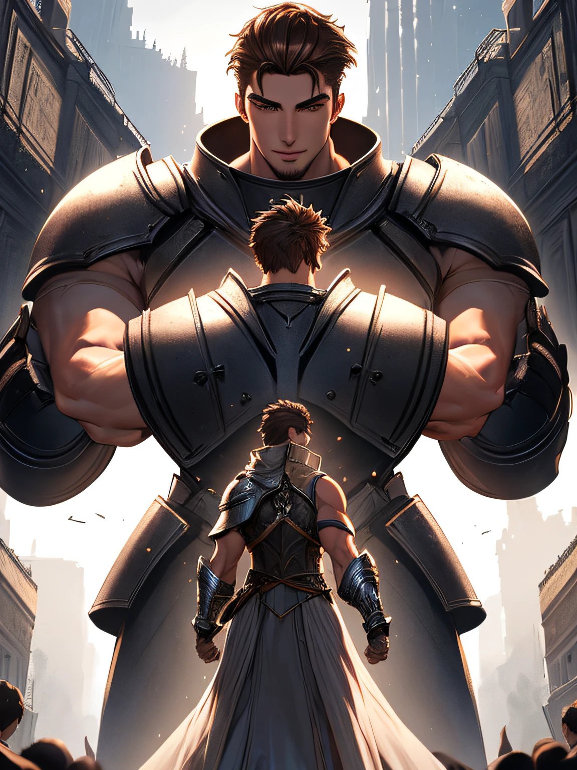 (masterpiece), realistic, heroic fantasy art. medieval times, (21-year-old man), handsome face, male warrior with wavy brown hair, wears sleeveless steel armor that muscular figure stands tall, their broad shoulders and powerful arms radiating strength and determination. Every inch of their toned body is a testament to their hard work and dedication at the war, soft smile, (frame of head), center image, style, life size 8, 8k resolution, human hands, oddly complete, elegant, close to perfection, dynamic, highly detailed, character sheet, concept art, smooth, positioned so that their bodies be symmetrical and balanced directly towards the viewer, amazing stunningly handsome English male in her 20s, detailed hairstyles, detail, all body view, 8k, hyperrealism, unreal engine 5, ultra hd, highly detailed, photorealistic, cinematic scene, super detailed, hyper realistic, bright lights, hyper realistic, (masterpiece), realistic, detailed hairstyles, studio lighting, perfect ???????.
