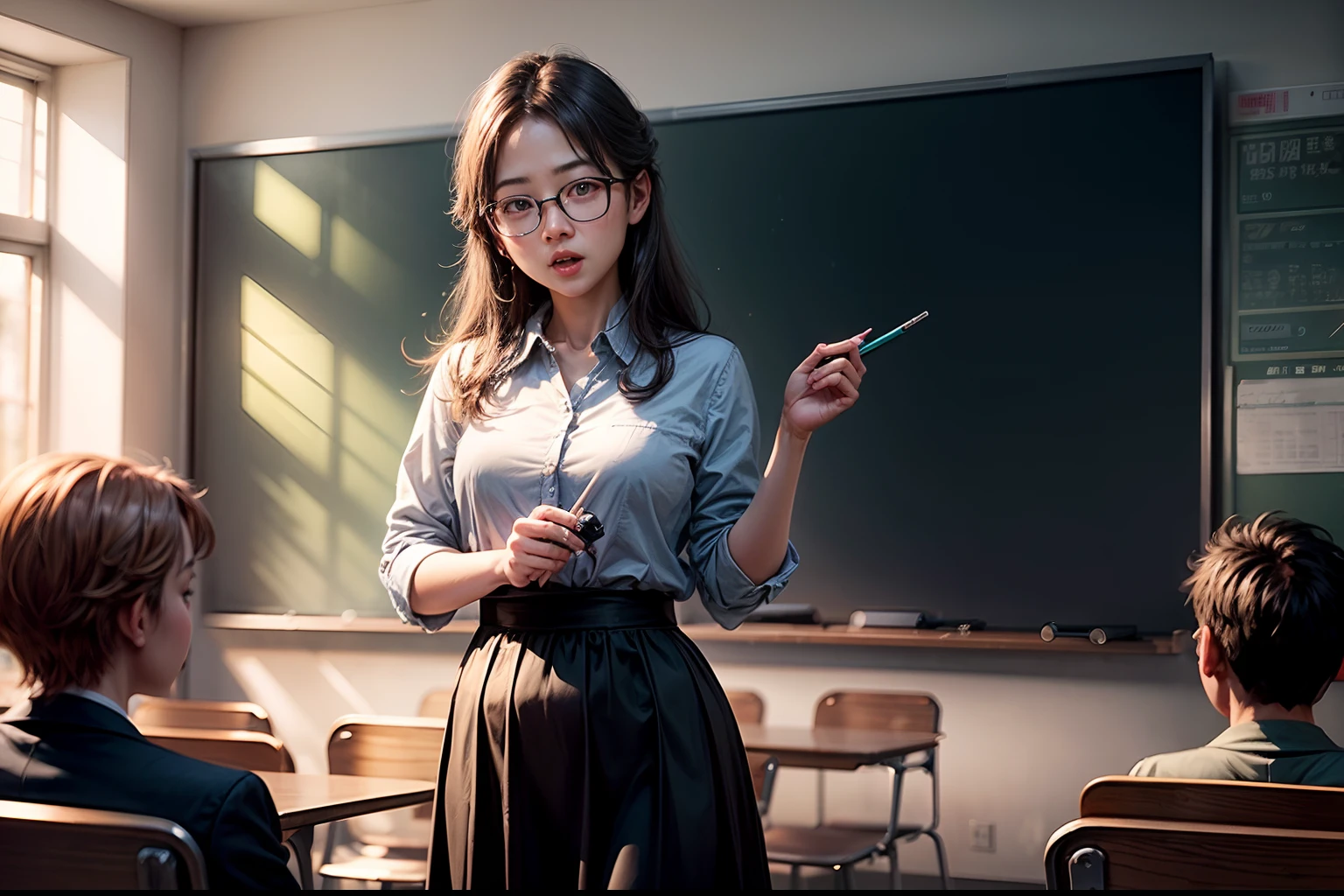 1. The teacher stands on the podium and gives a lecture to the students,Clear facial features,Classroom,blackboards,Happy Teacher's Day,fresh flowers,cinmatic lighting,Masterpiece,,depth of fields, lens flare glow,8K, RAW photos, sportrait, best qualtiy, 超高分辨率, realisticlying,超高分辨率,HD CG unified 8K wallpaper,physically-based renderingt,