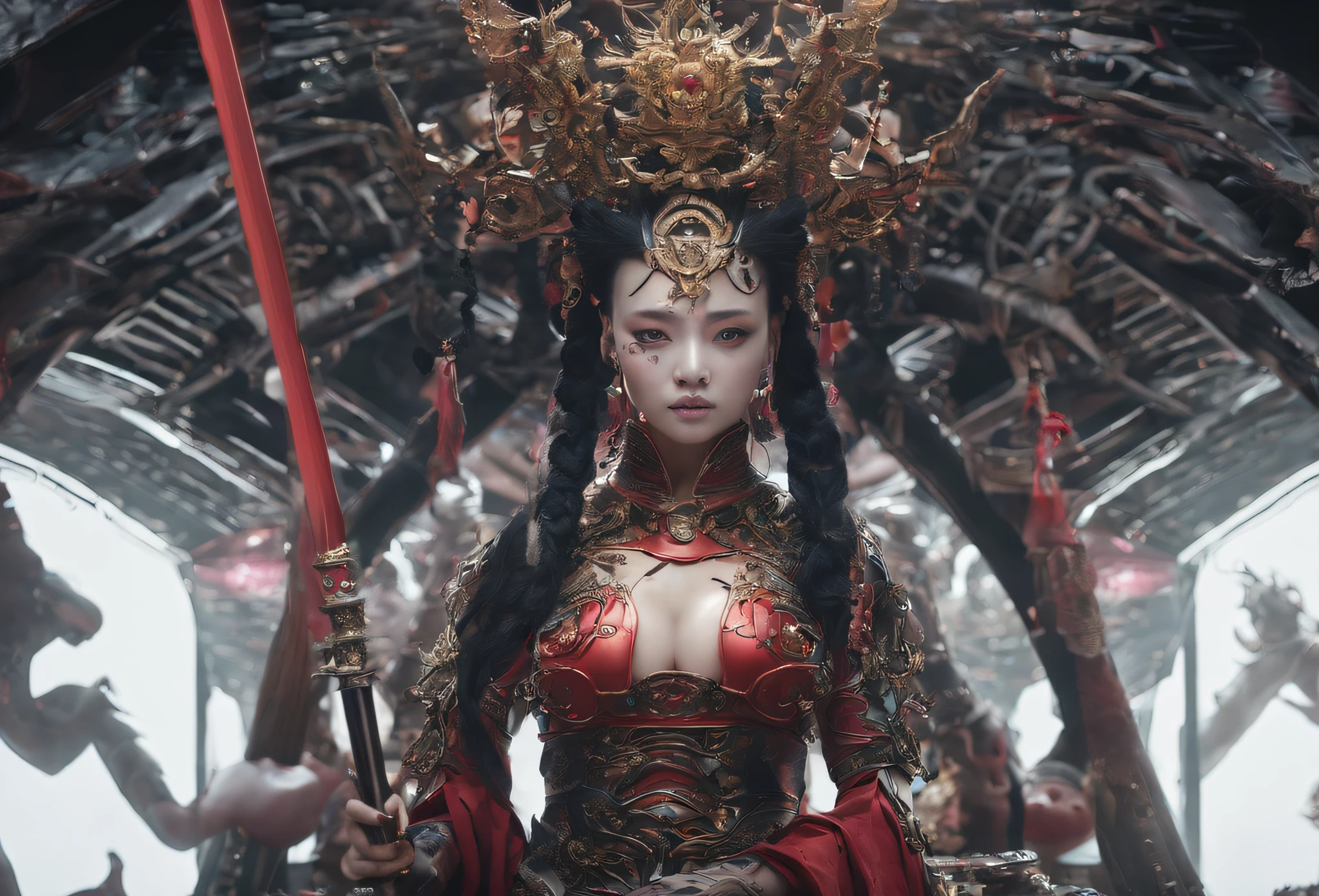 arafed woman in a red dress with a sword in a room full of people, a beautiful fantasy empress, cinematic goddess shot, cgsociety and fenghua zhong, chengwei pan on artstation, chinese empress, ((a beautiful fantasy empress)), queen of the sea mu yanling, cinematic goddess close shot, xianxia fantasy