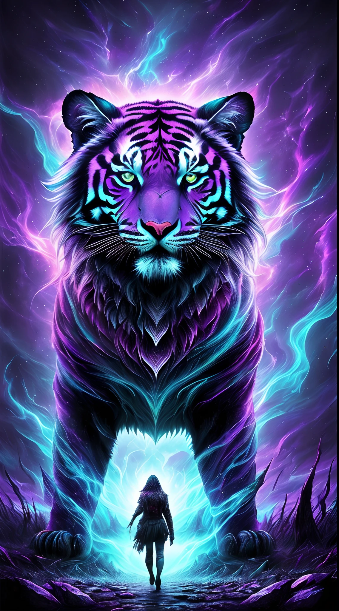 (astral tiger,chaotic atmosphere,dark surrealism,psychedelic colors,melting landscape,glowing eyes,ethereal creature,majestic,powerful presence,flickering shadows,otherworldly,hidden realms,dreamlike,nightmarish,dramatic lighting,mysterious,astral projection,illusory world,surreal landscapes,vibrant,cosmic energy)