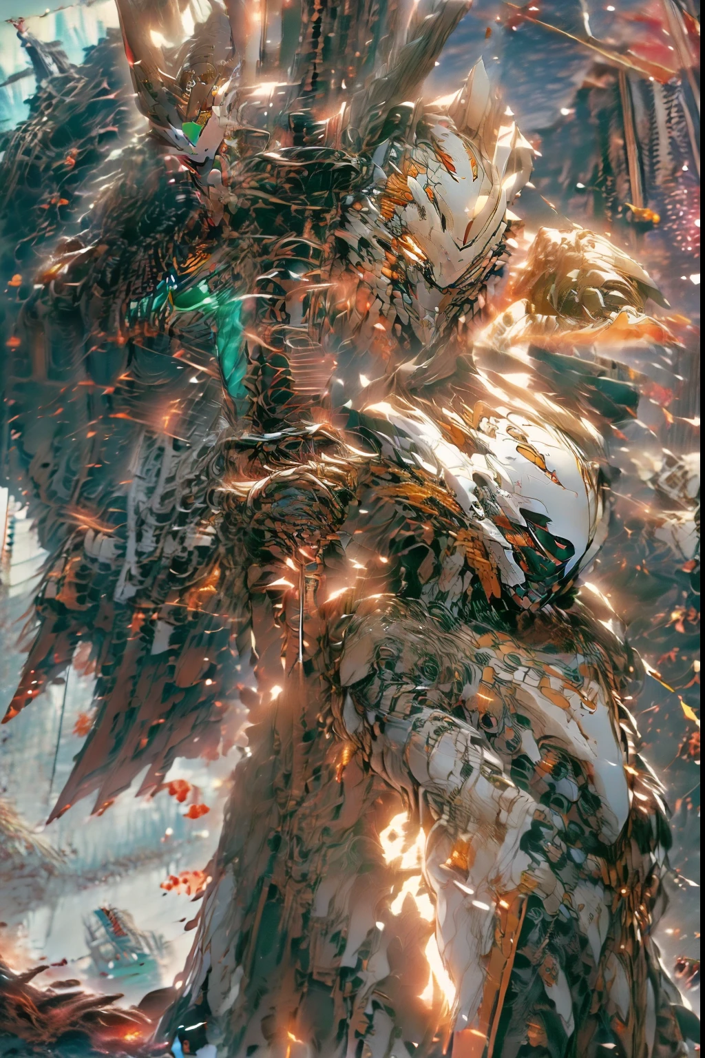 A group of adventurers battling a mighty dragon, Beautiful girl in mechanical meal uniform, Wounded and damaged several pieces of armor (Breakage : 1.5), Wounds in various places, Bleeding, Oil leaks from machine armor,  Machinery decoration, Mechanic priest's uniform, A beautiful girl who uses divine magic, The power of healing, Black mechanical gloves, Complex structure (Complexity : 1.9), Thick armor, Exposing the upper , thighs exposed, On the cliff, Majestic backdrop, High-quality sunshine depictions, The luster of the machine decoration : 1.5, Magical effects and staging, Warm aura, The aura of nature, Put your hands together and use shield magic.